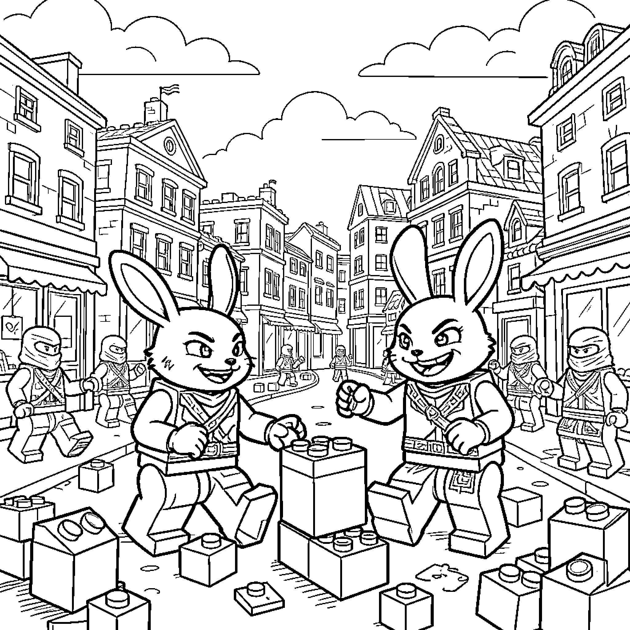Lego Rabbit Builders Constructing Brick City Scene Coloring Page (free black-and-white line drawing printable PDF for all, from beginners to advanced learners, including children, teens, adults, and seniors)