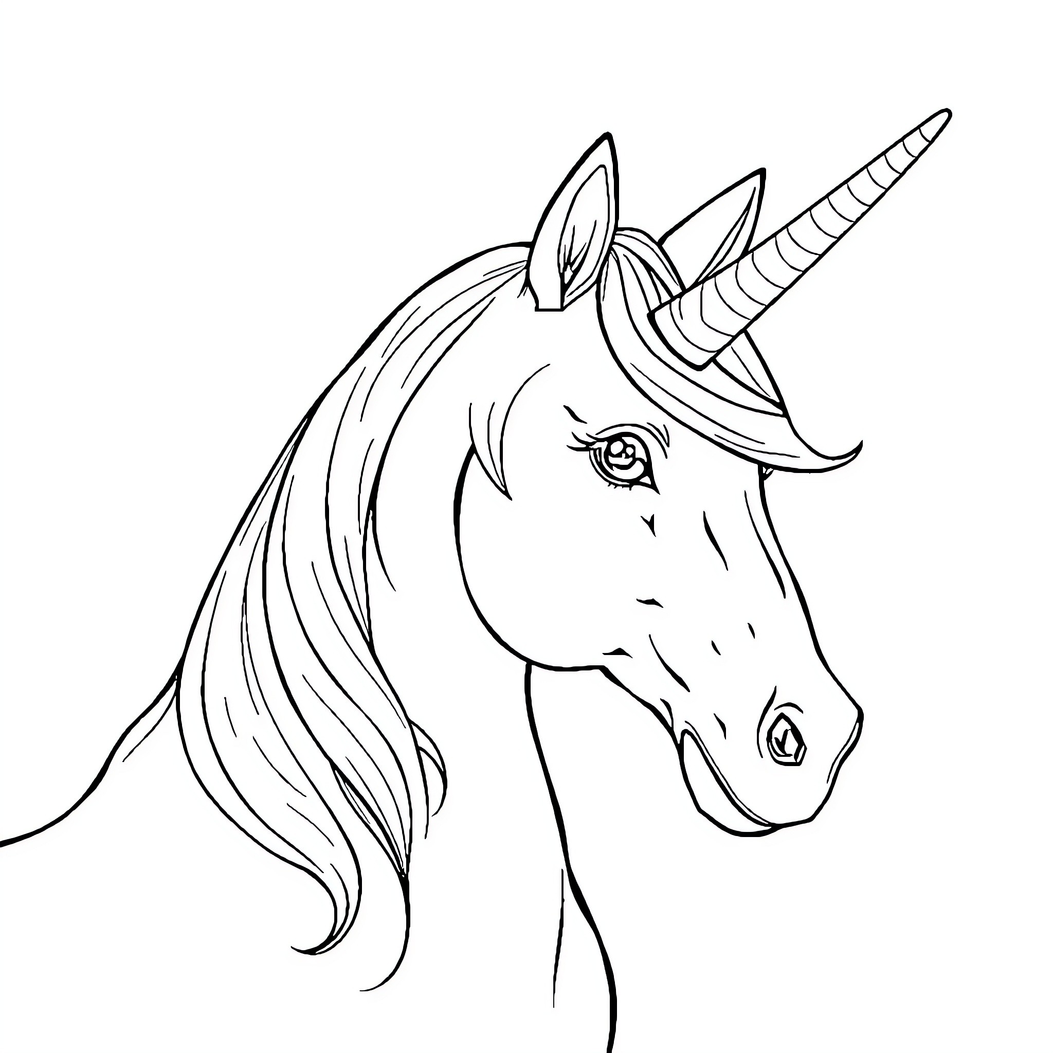 Unicorn with flowing mane and horn Coloring Page (free black-and-white line drawing printable PDF for all, from beginners to advanced learners, including children, teens, adults, and seniors)