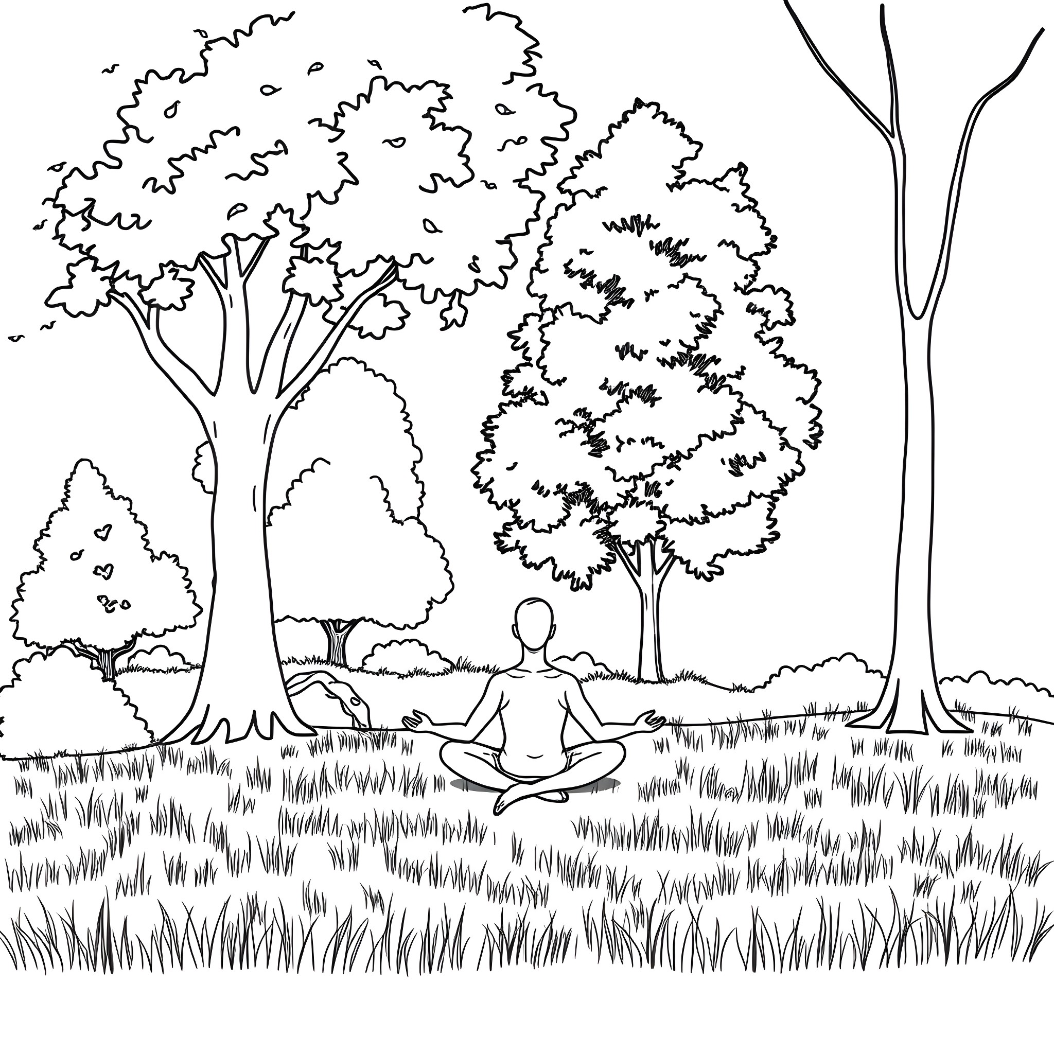 Mental Health - Person Meditating in Peaceful Nature Coloring Page (free black-and-white line drawing printable PDF for all, from beginners to advanced learners, including children, teens, adults, and seniors)