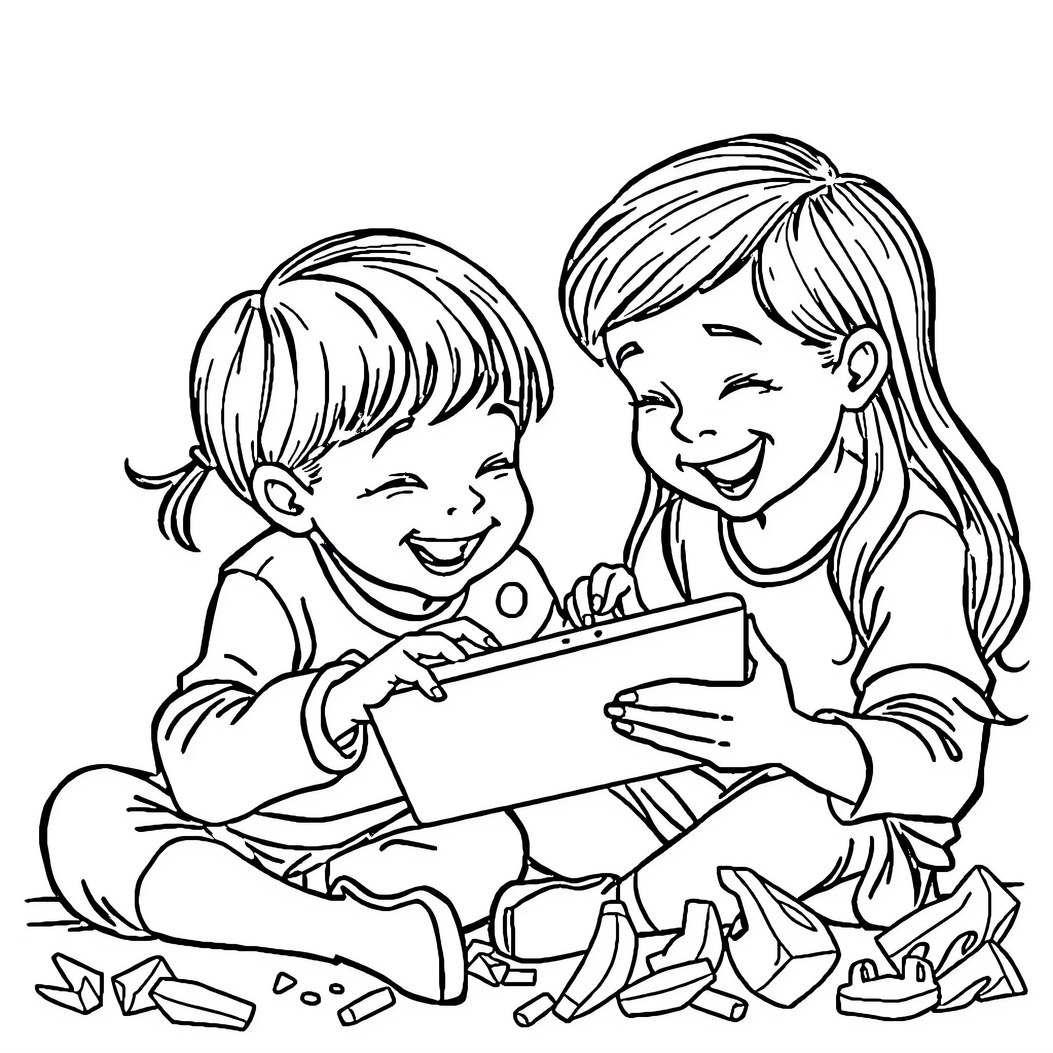 Kid siblings enjoying a coloring activity together Coloring Page (free black-and-white line drawing printable PDF for all, from beginners to advanced learners, including children, teens, adults, and seniors)