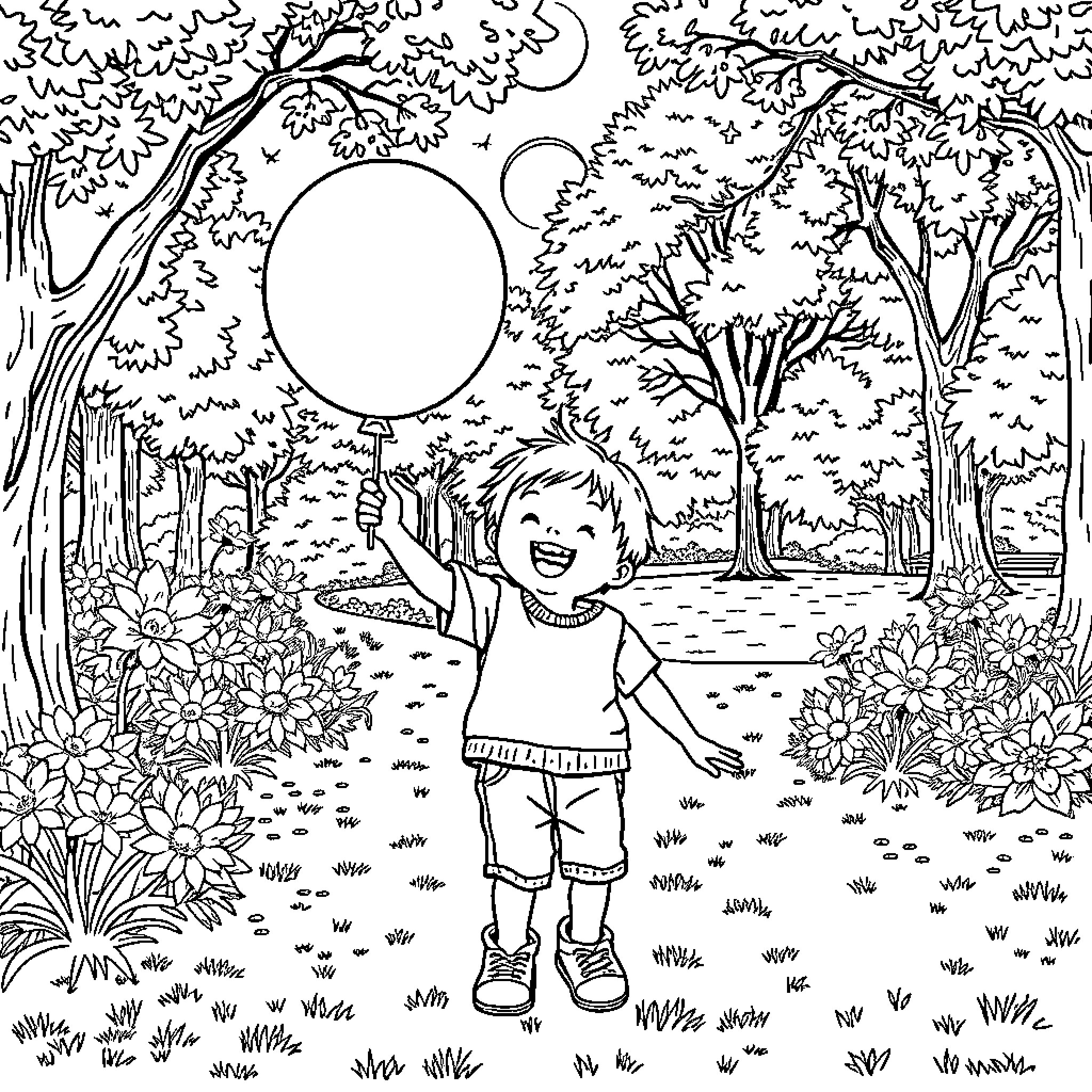 Child playing joyfully in a lush, natural setting Coloring Page (free black-and-white line drawing printable PDF for all, from beginners to advanced learners, including children, teens, adults, and seniors)