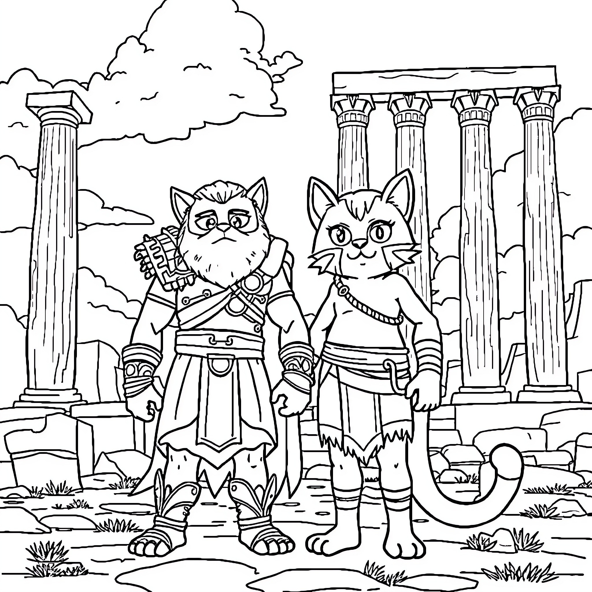 Kratos and his feline companion in ancient ruins Coloring Page (free black-and-white line drawing printable PDF for all, from beginners to advanced learners, including children, teens, adults, and seniors)
