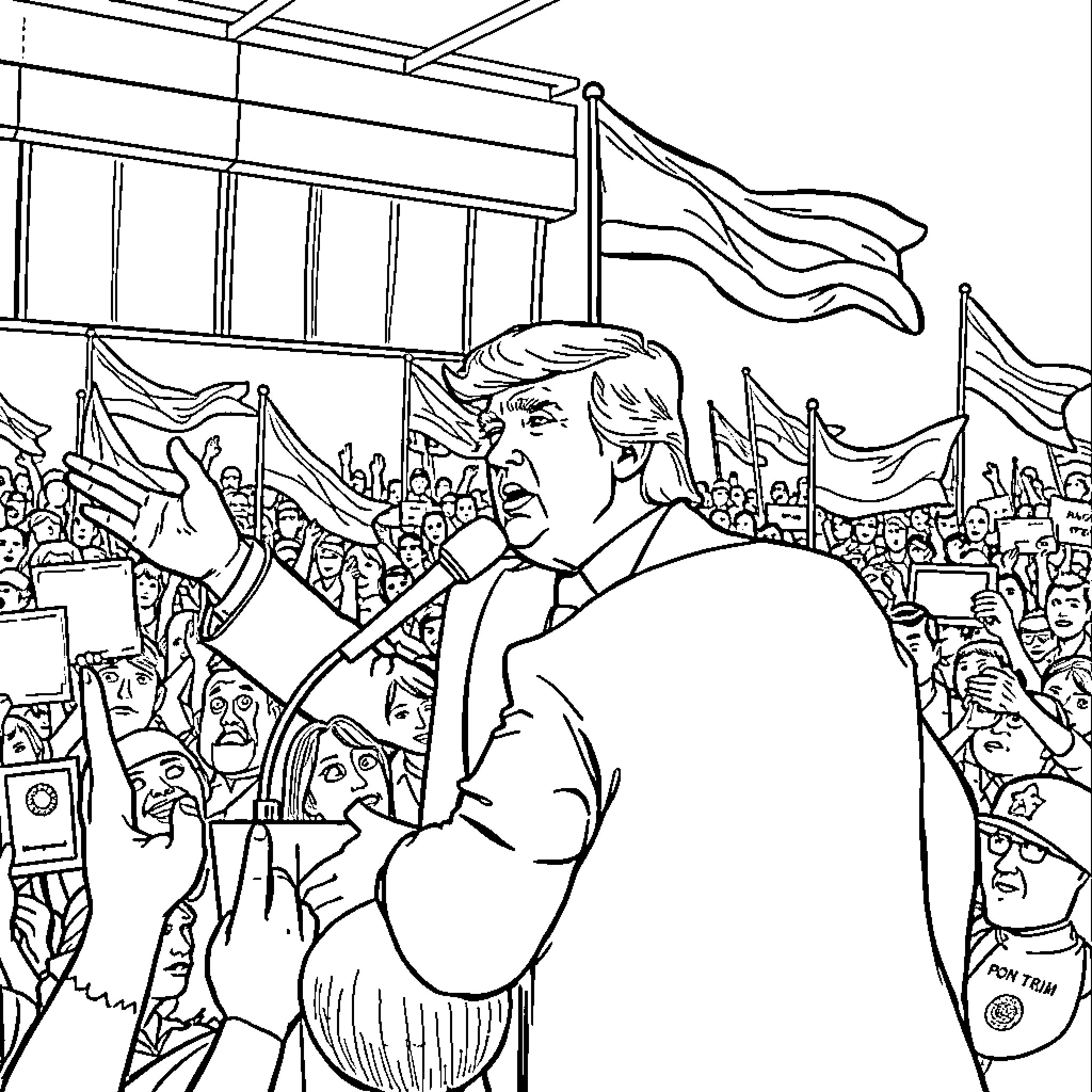 Donald Trump Addressing Enthusiastic Supporters Coloring Page (free black-and-white line drawing printable PDF for all, from beginners to advanced learners, including children, teens, adults, and seniors)