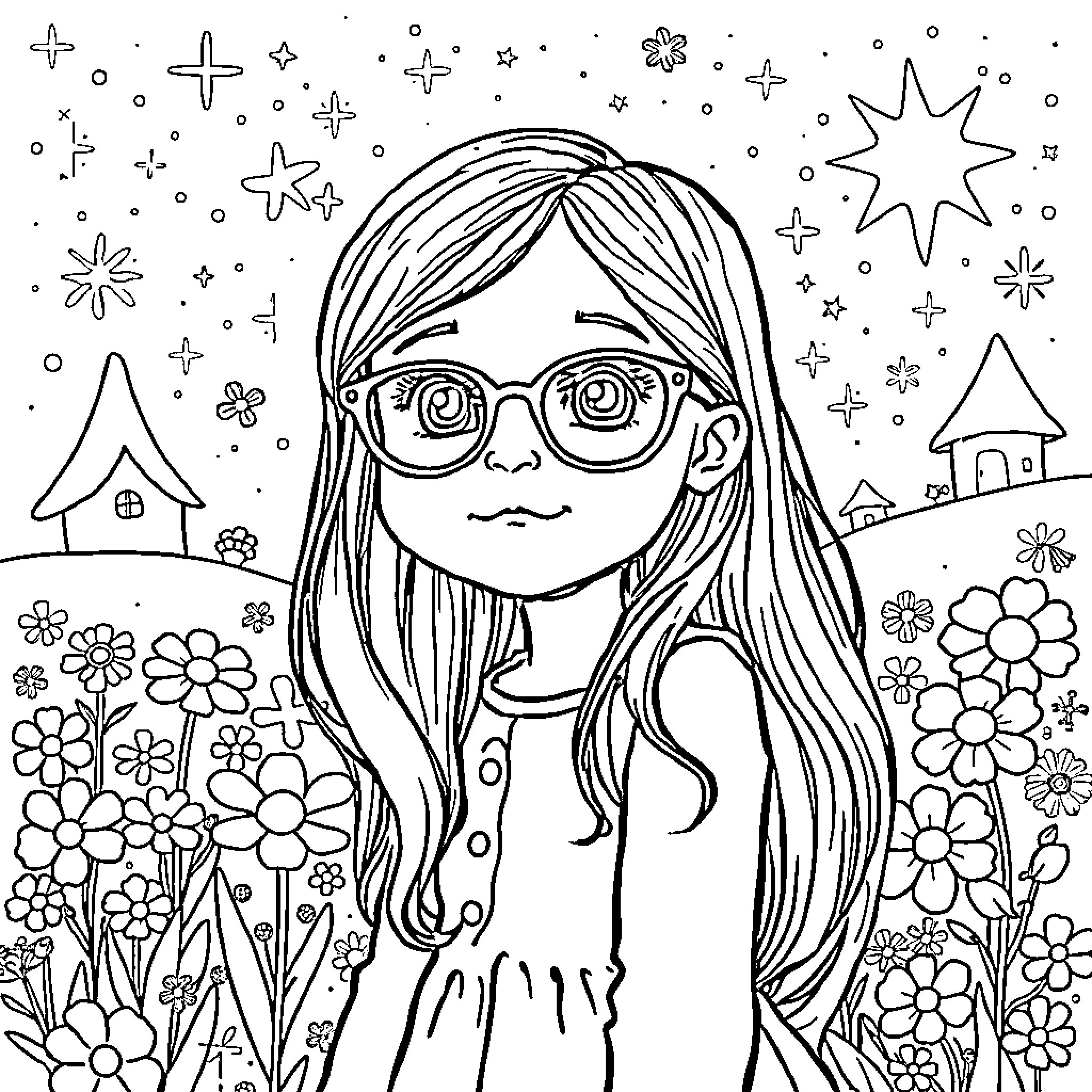 Girl in Dreamy Floral Landscape Coloring Page (free black-and-white line drawing printable PDF for all, from beginners to advanced learners, including children, teens, adults, and seniors)