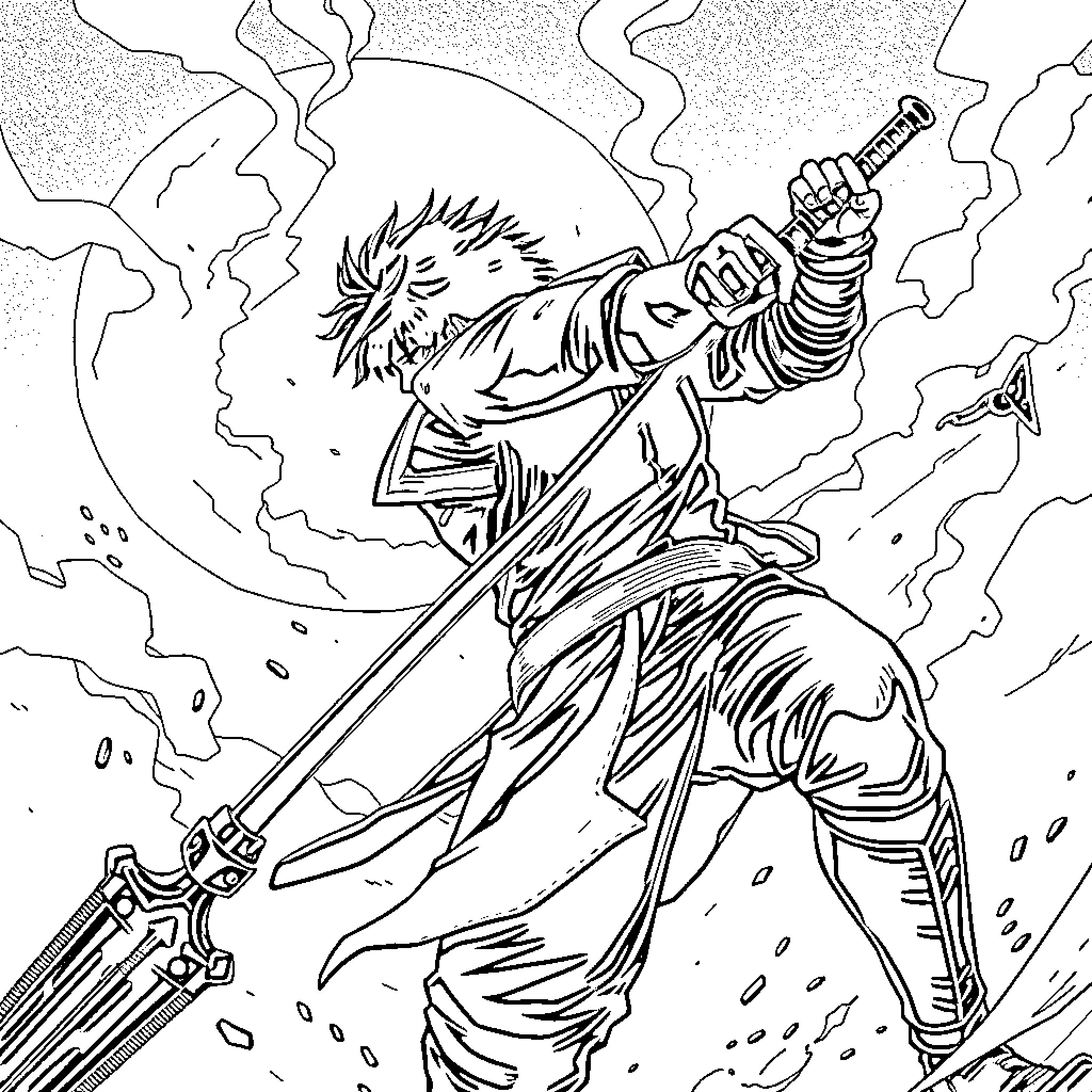 Solo Leveling: Powerful Warrior Wielding Weapon in Fierce Battle Coloring Page (free black-and-white line drawing printable PDF for all, from beginners to advanced learners, including children, teens, adults, and seniors)