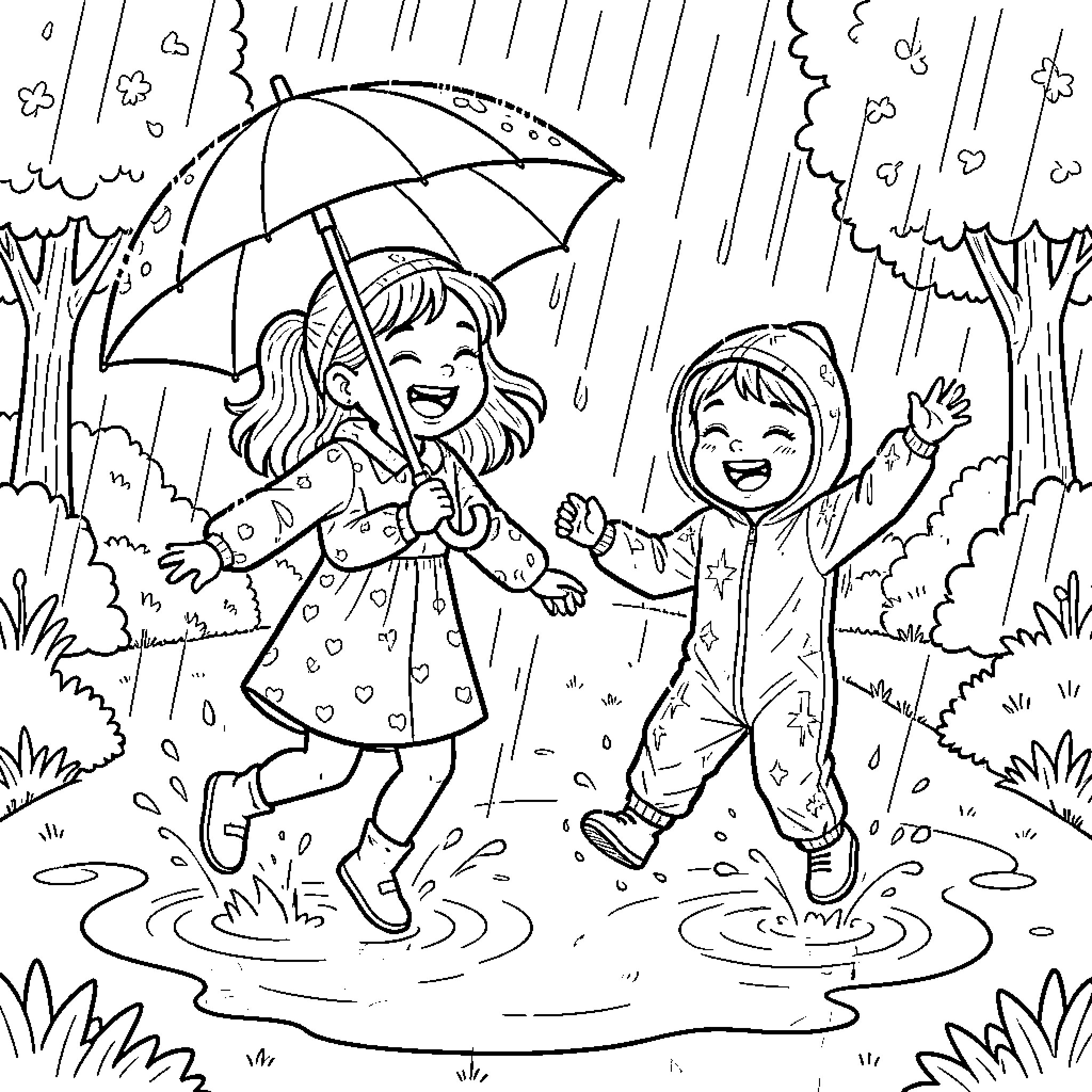 Nina and Friends Enjoy the Rainy Day Coloring Page (free black-and-white line drawing printable PDF for all, from beginners to advanced learners, including children, teens, adults, and seniors)
