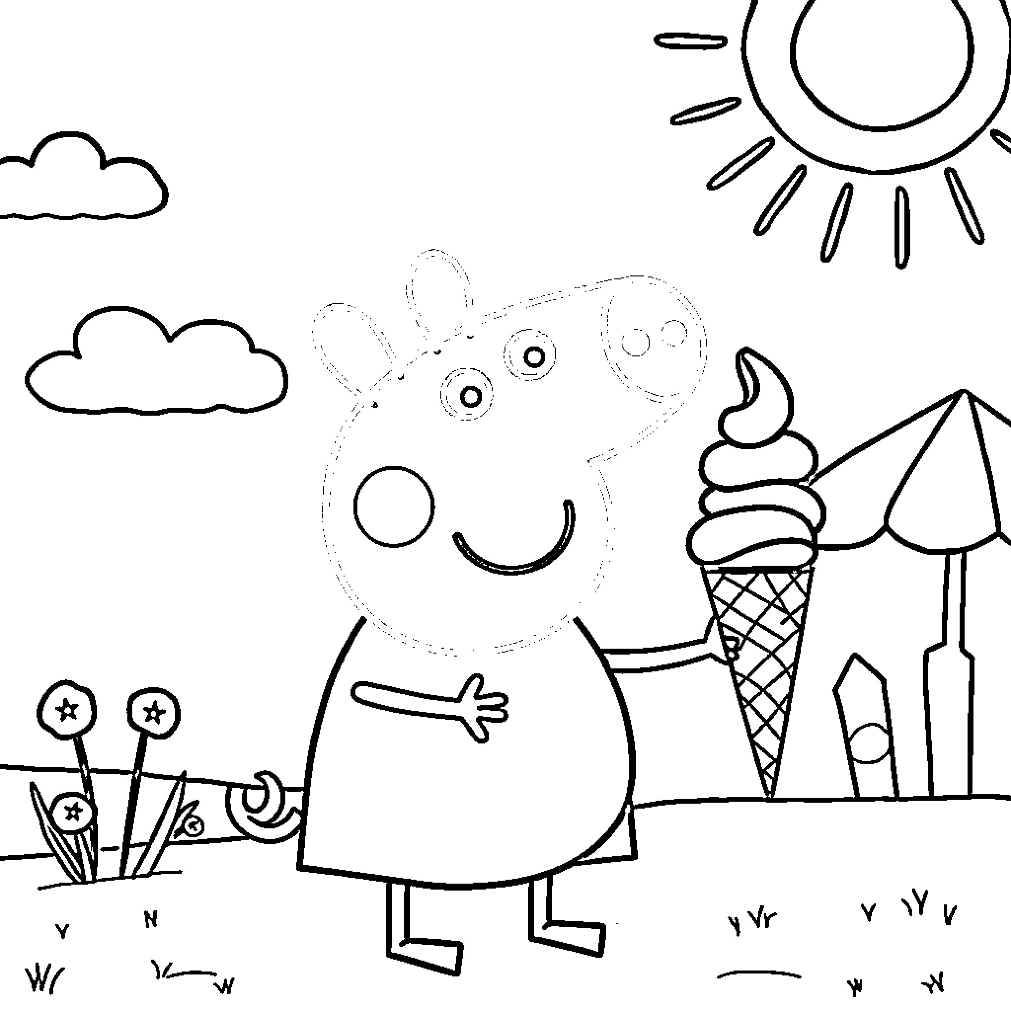 Peppa Pig enjoying a sunny day with ice cream Coloring Page (free black-and-white line drawing printable PDF for all, from beginners to advanced learners, including children, teens, adults, and seniors)