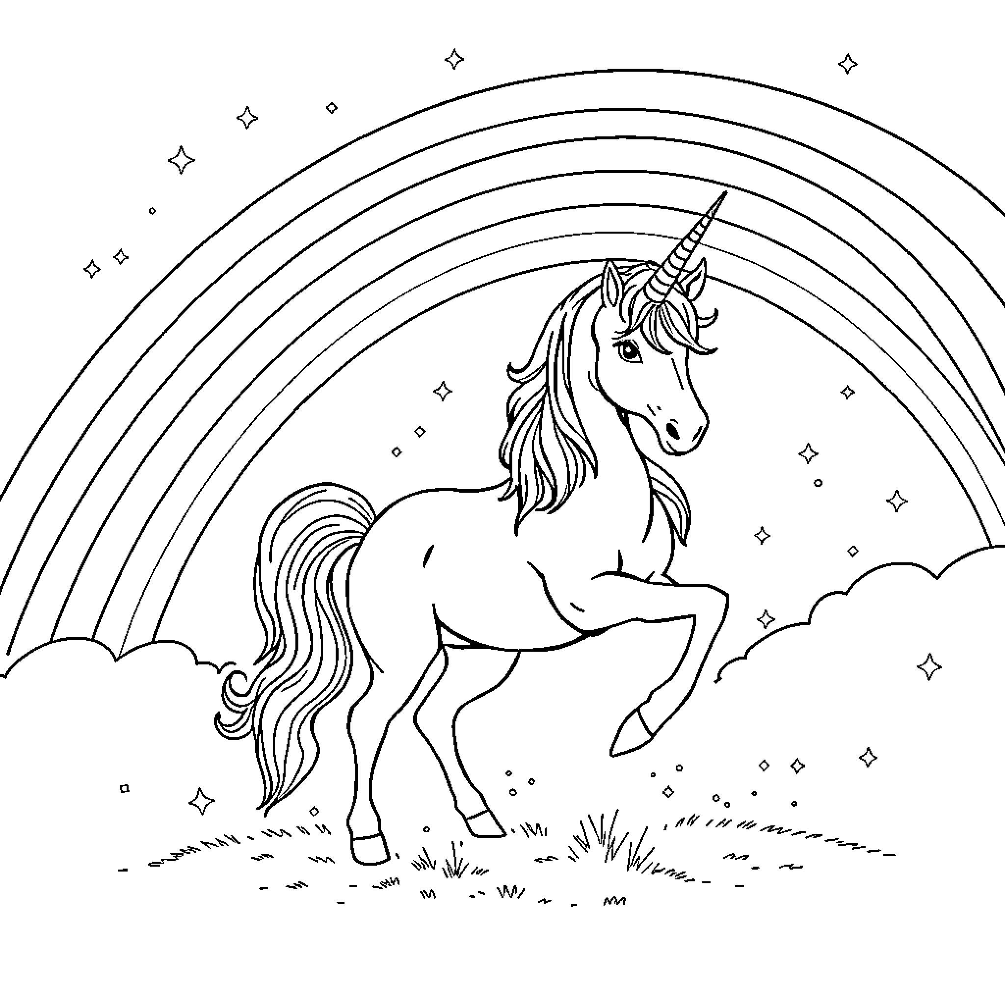 Unicorn leaping in the magical meadow Coloring Page (free black-and-white line drawing printable PDF for all, from beginners to advanced learners, including children, teens, adults, and seniors)