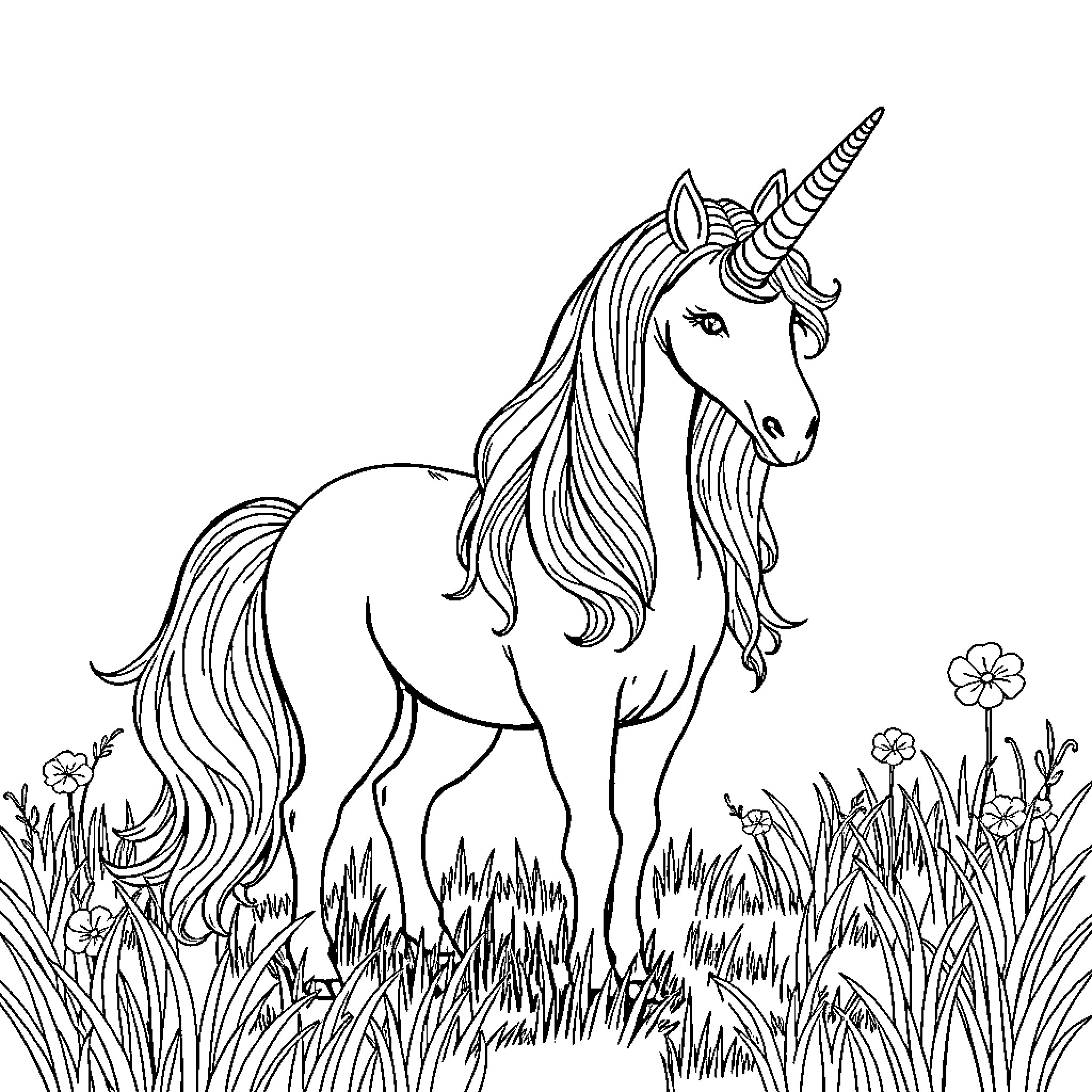 Unicorn standing proudly in the meadow Coloring Page (free black-and-white line drawing printable PDF for all, from beginners to advanced learners, including children, teens, adults, and seniors)
