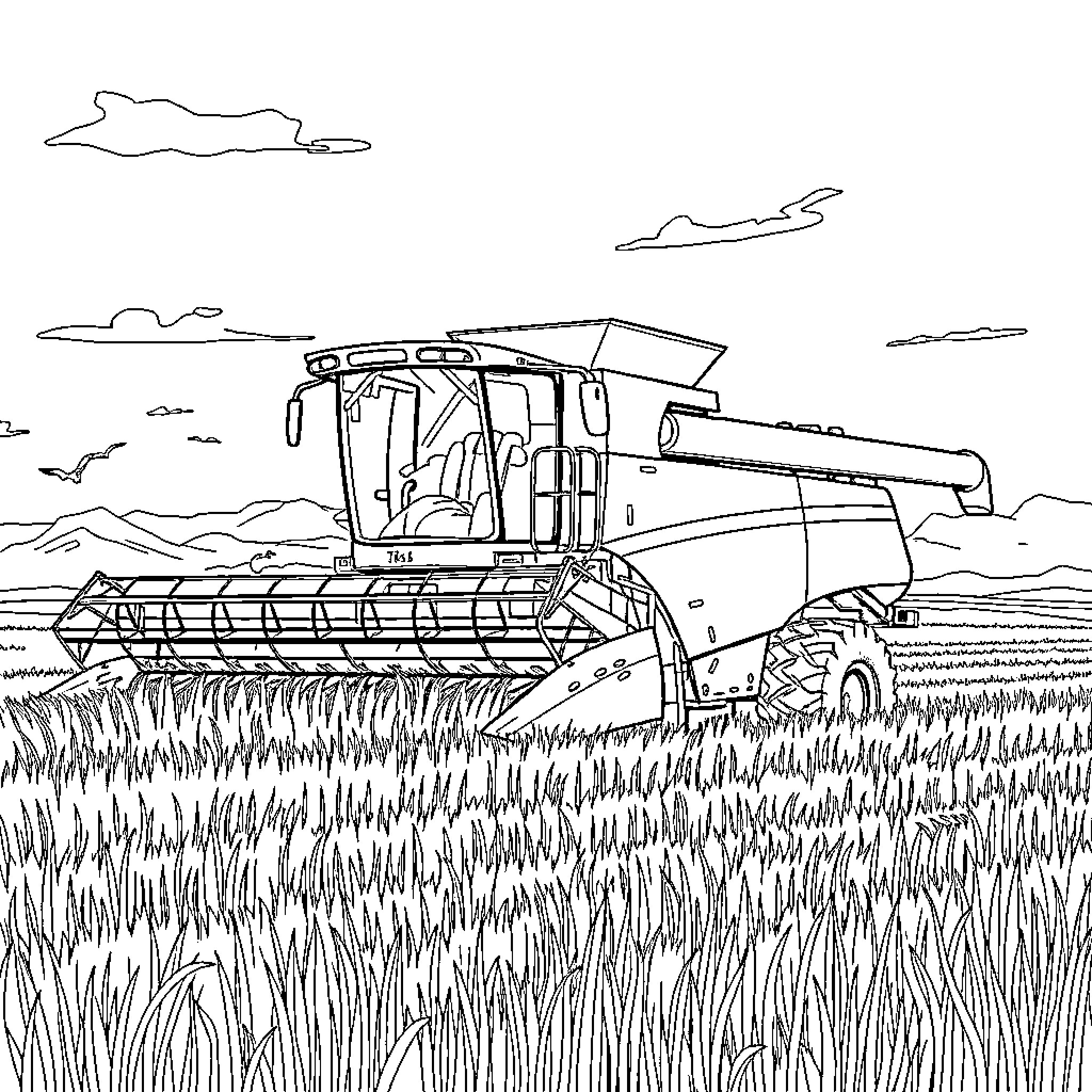 Combine Harvester working in the field Coloring Page (free black-and-white line drawing printable PDF for all, from beginners to advanced learners, including children, teens, adults, and seniors)