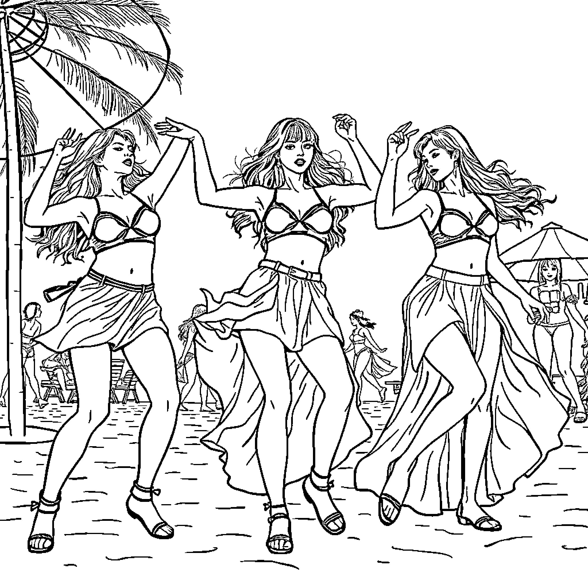 Guerrera Women Celebrating with Vibrant Movements Coloring Page (free black-and-white line drawing printable PDF for all, from beginners to advanced learners, including children, teens, adults, and seniors)