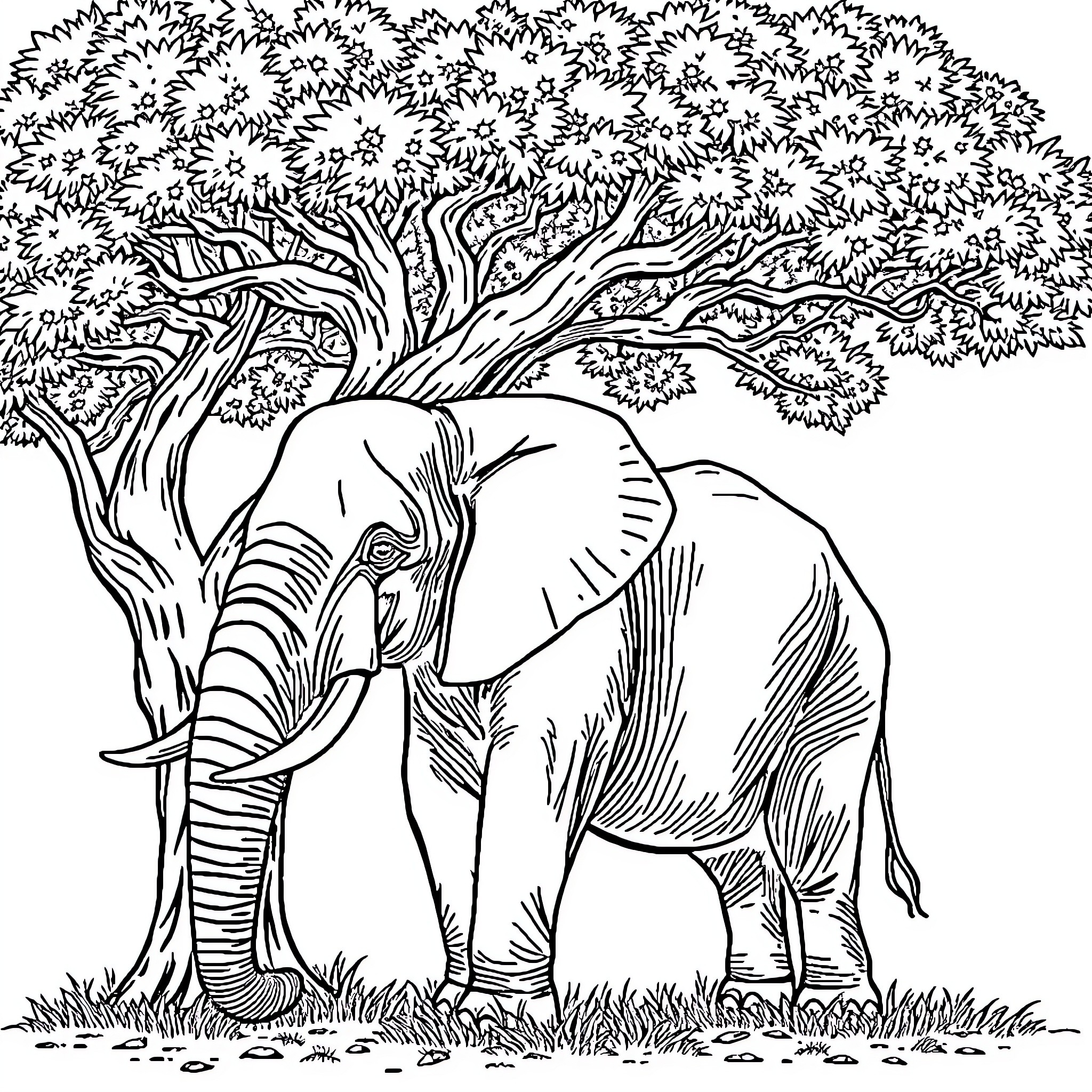 Elephant taking shelter under a lush tree Coloring Page (free black-and-white line drawing printable PDF for all, from beginners to advanced learners, including children, teens, adults, and seniors)