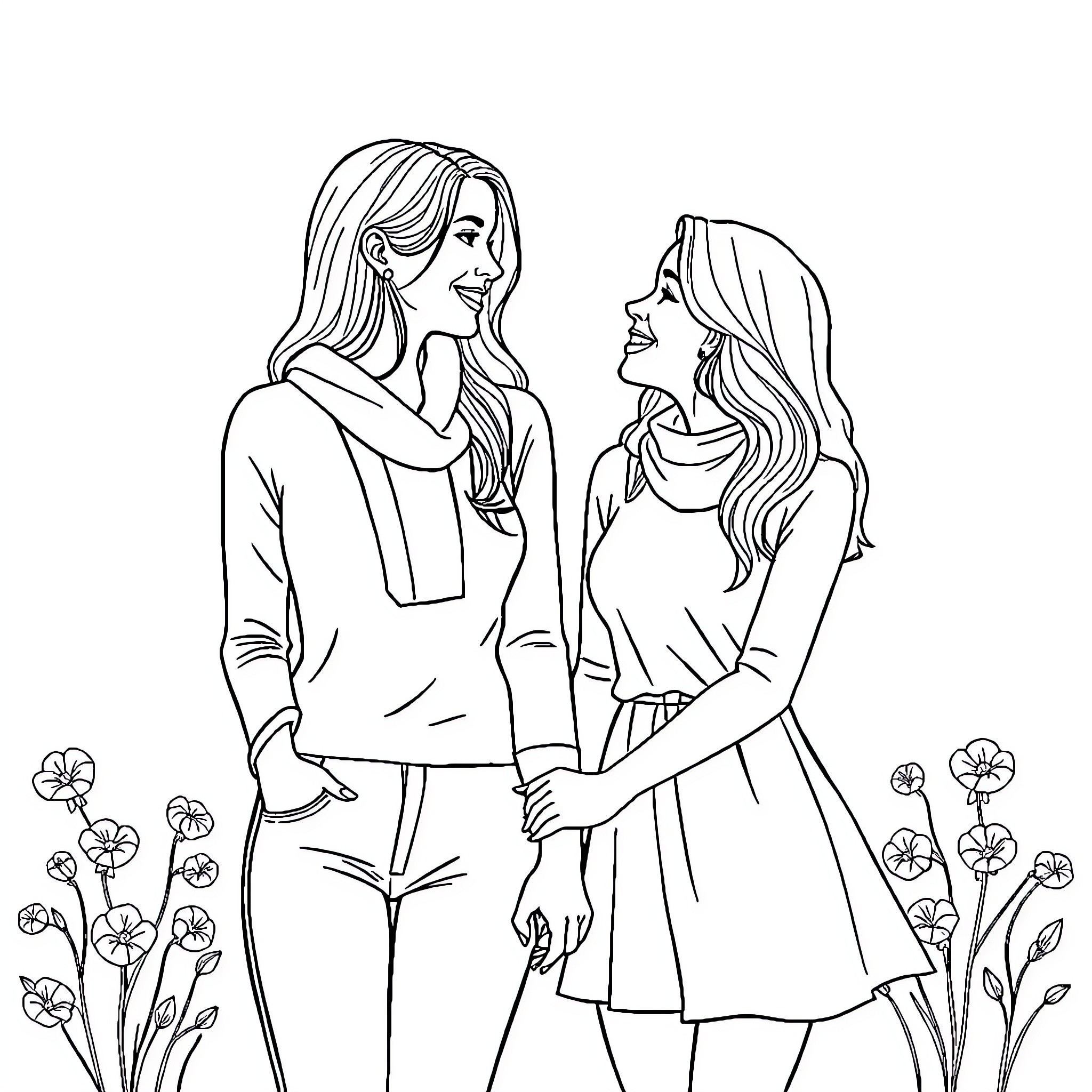 Lesbian couple enjoying each other's company outdoors Coloring Page (free black-and-white line drawing printable PDF for all, from beginners to advanced learners, including children, teens, adults, and seniors)