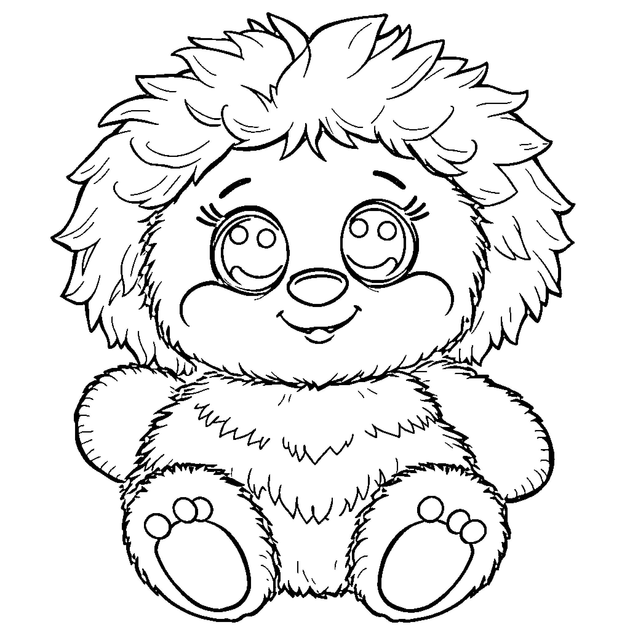 Huggy Nuggy Fuzzy Friend Smiling Happily Coloring Page (free black-and-white line drawing printable PDF for all, from beginners to advanced learners, including children, teens, adults, and seniors)