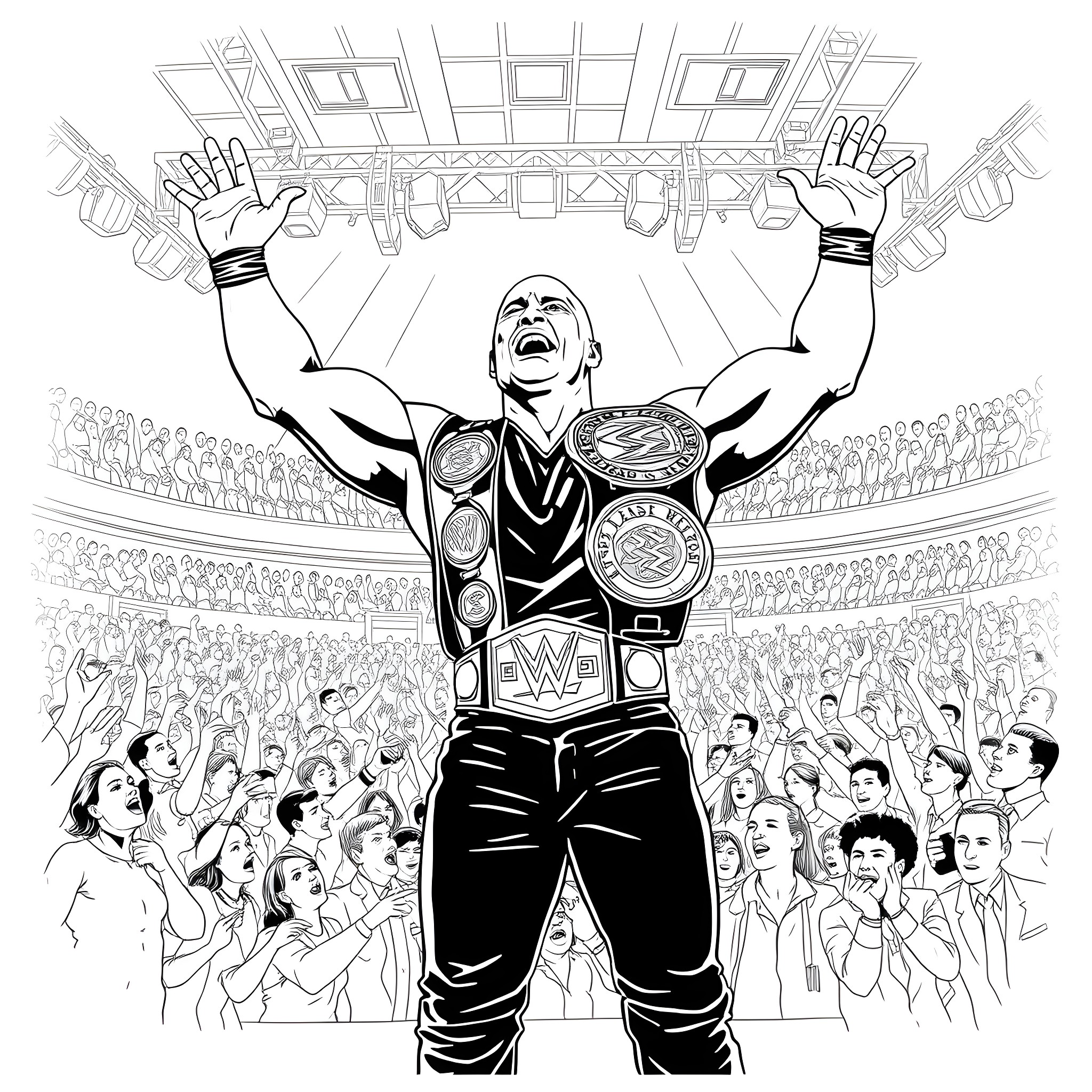 Rock Star Wrestler Celebrates Victory in Stadium Coloring Page (free black-and-white line drawing printable PDF for all, from beginners to advanced learners, including children, teens, adults, and seniors)