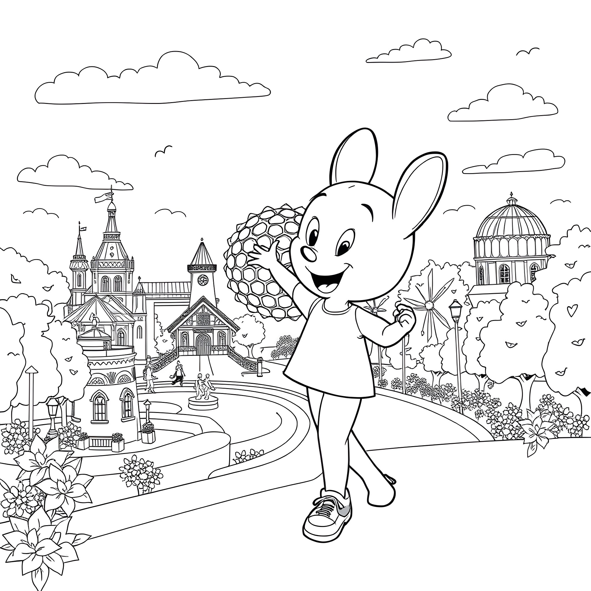 Bluey exploring a whimsical cityscape Coloring Page (free black-and-white line drawing printable PDF for all, from beginners to advanced learners, including children, teens, adults, and seniors)