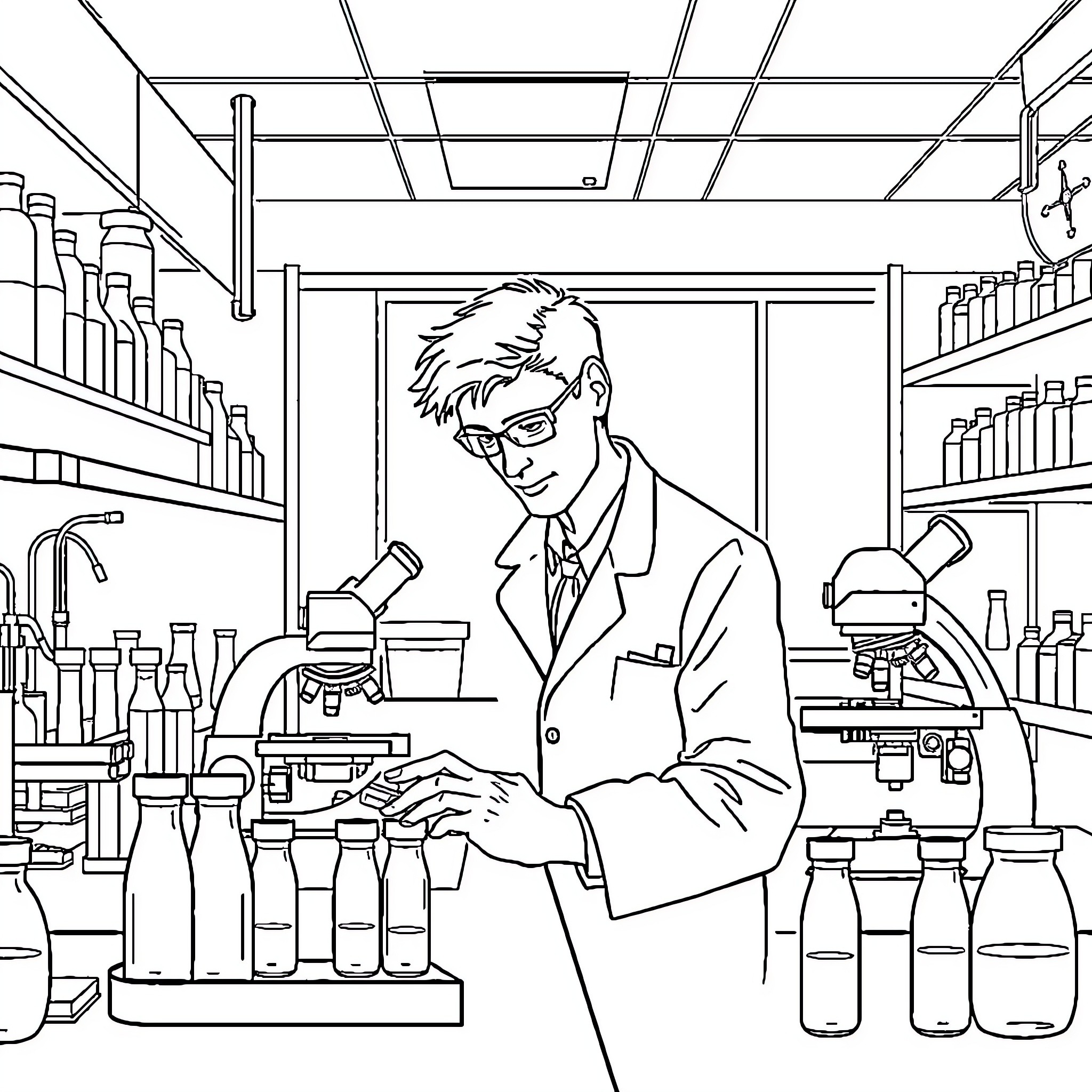 Medical Technologist Examining Samples in Laboratory Coloring Page (free black-and-white line drawing printable PDF for all, from beginners to advanced learners, including children, teens, adults, and seniors)