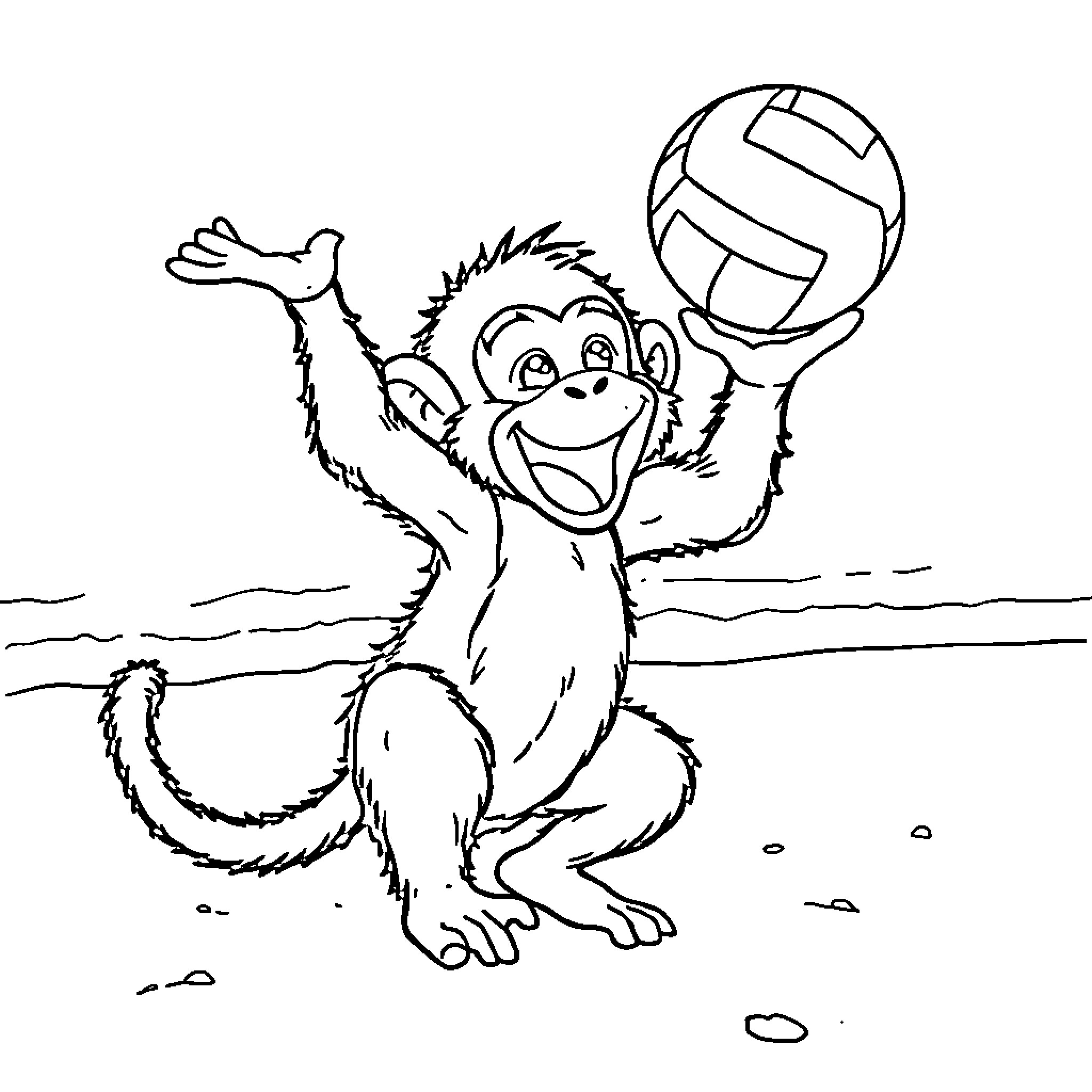 Monkey playing happily with volleyball on the beach Coloring Page (free black-and-white line drawing printable PDF for all, from beginners to advanced learners, including children, teens, adults, and seniors)