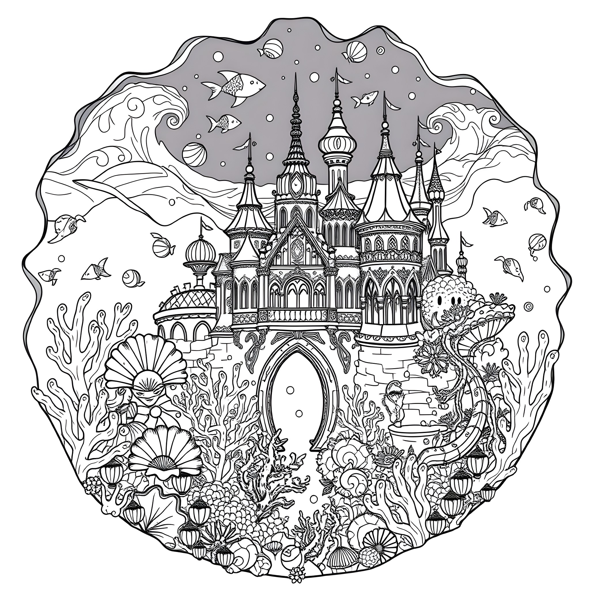 Mermaid's Underwater Castle Coloring Page (free black-and-white line drawing printable PDF for all, from beginners to advanced learners, including children, teens, adults, and seniors)