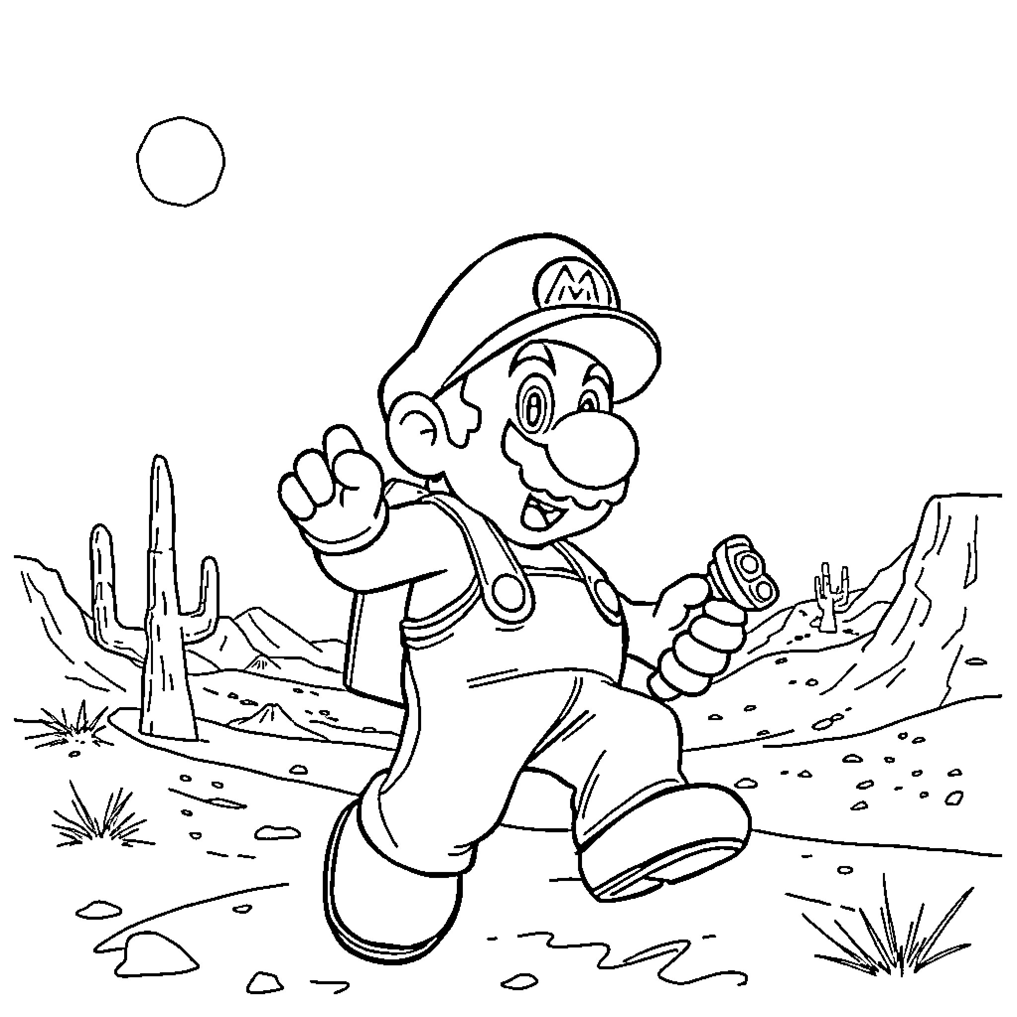 Mario running through desert landscape Coloring Page (free black-and-white line drawing printable PDF for all, from beginners to advanced learners, including children, teens, adults, and seniors)