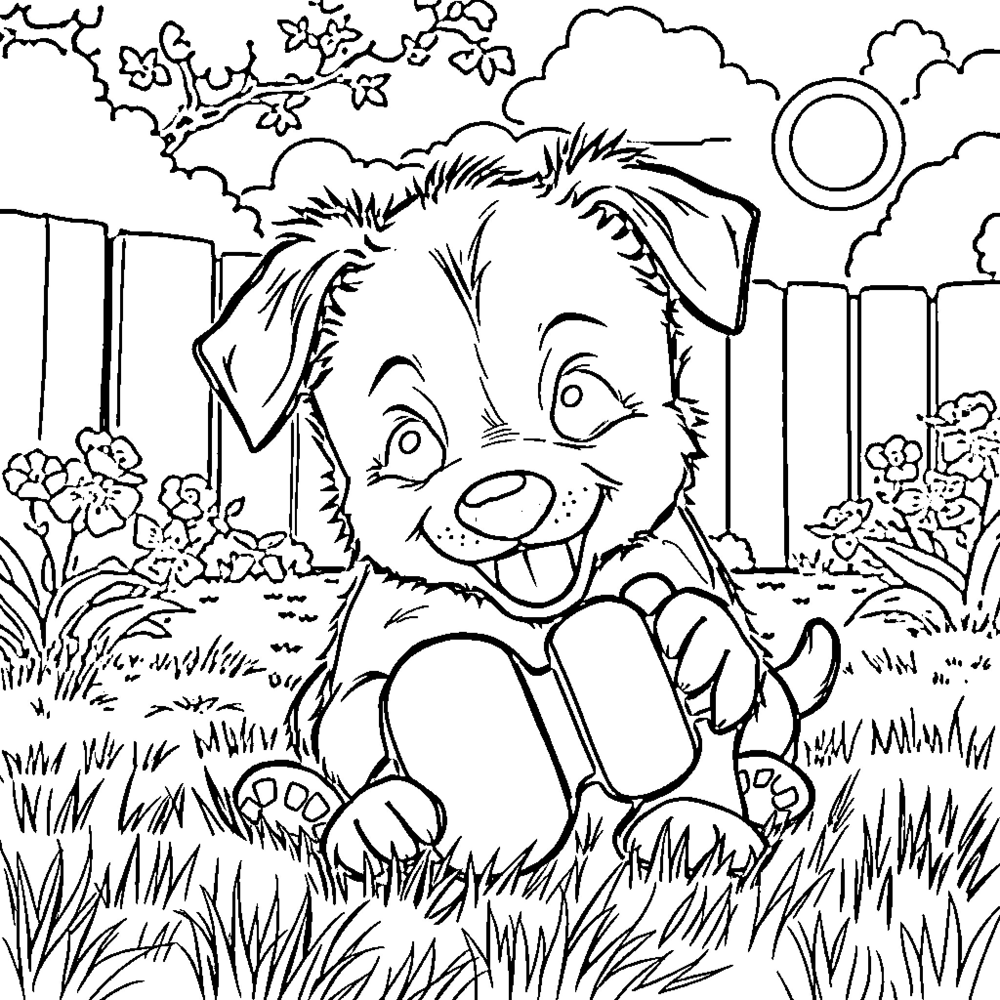 Dog playing joyfully in a garden Coloring Page (free black-and-white line drawing printable PDF for all, from beginners to advanced learners, including children, teens, adults, and seniors)