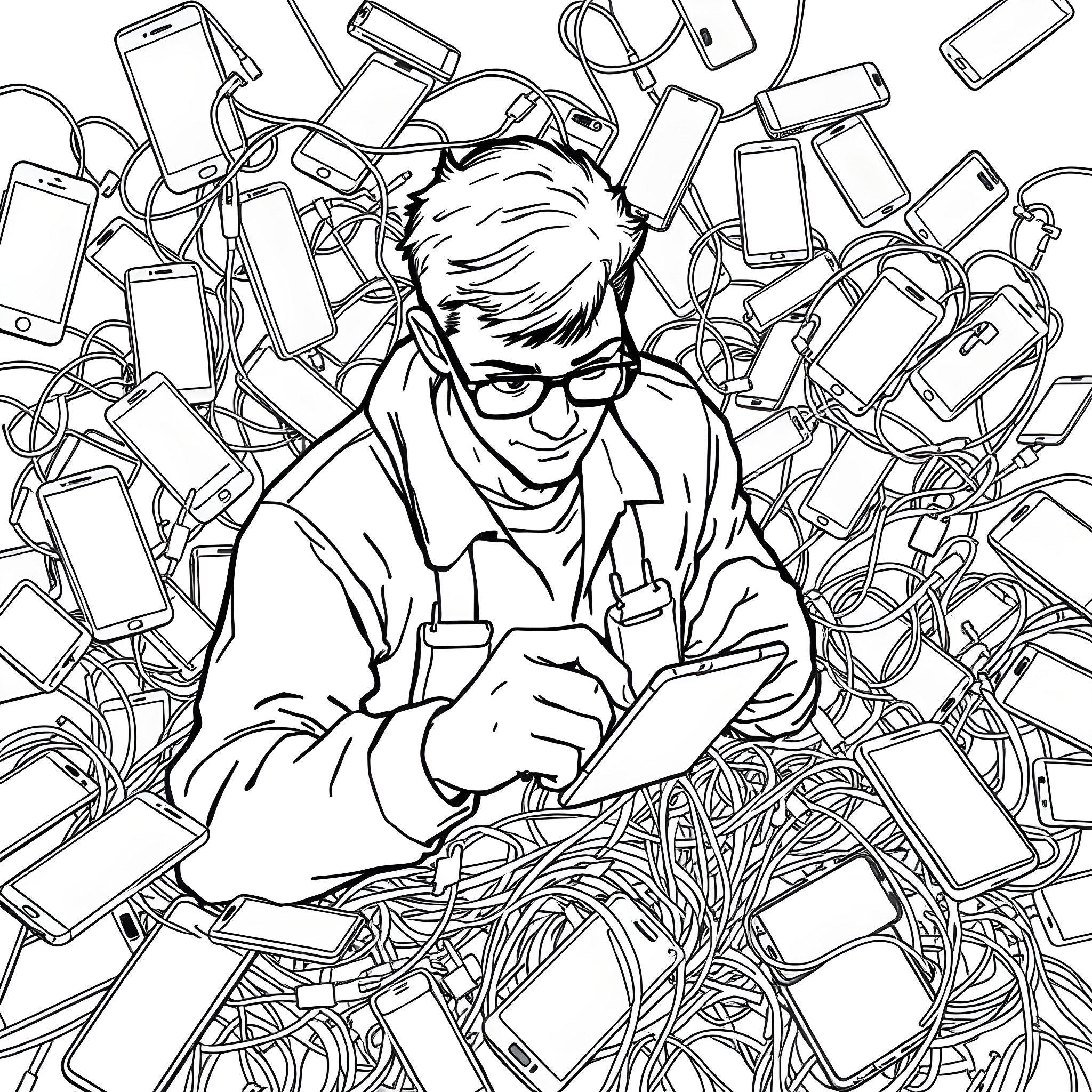 Repairman fixing a smartphone in a pile of electronic devices Coloring Page (free black-and-white line drawing printable PDF for all, from beginners to advanced learners, including children, teens, adults, and seniors)
