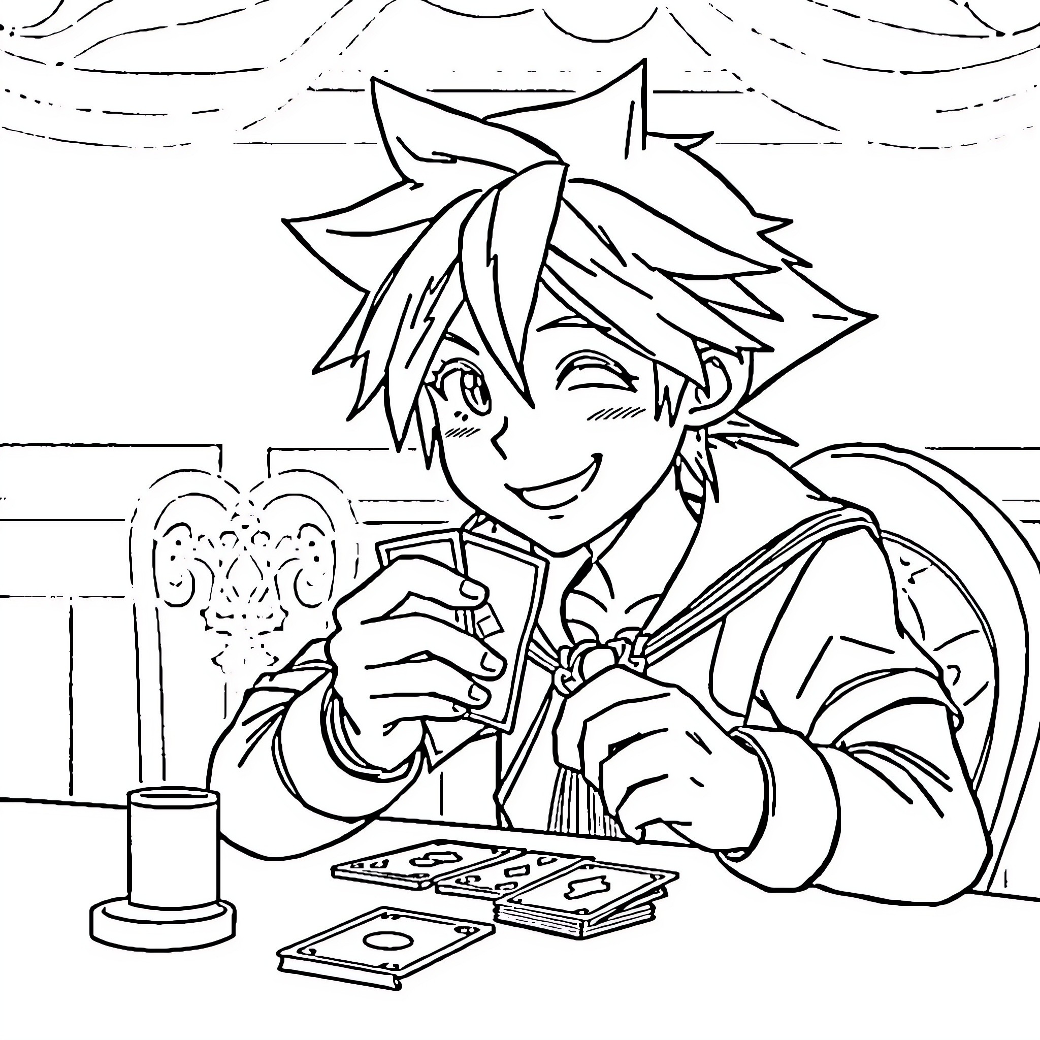 Sora playing trading card game happily Coloring Page (free black-and-white line drawing printable PDF for all, from beginners to advanced learners, including children, teens, adults, and seniors)