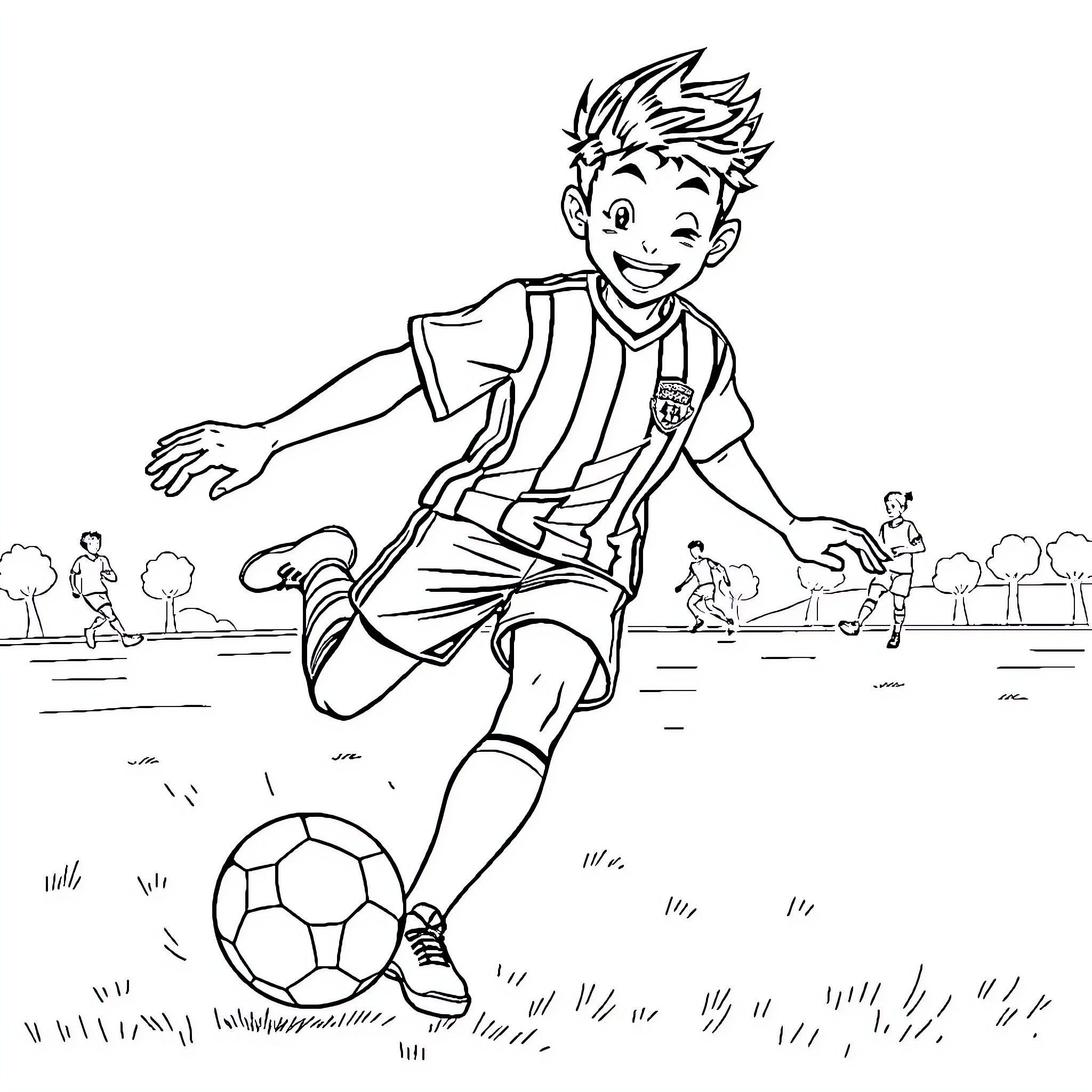 Sukuna playing soccer joyfully on the field Coloring Page (free black-and-white line drawing printable PDF for all, from beginners to advanced learners, including children, teens, adults, and seniors)