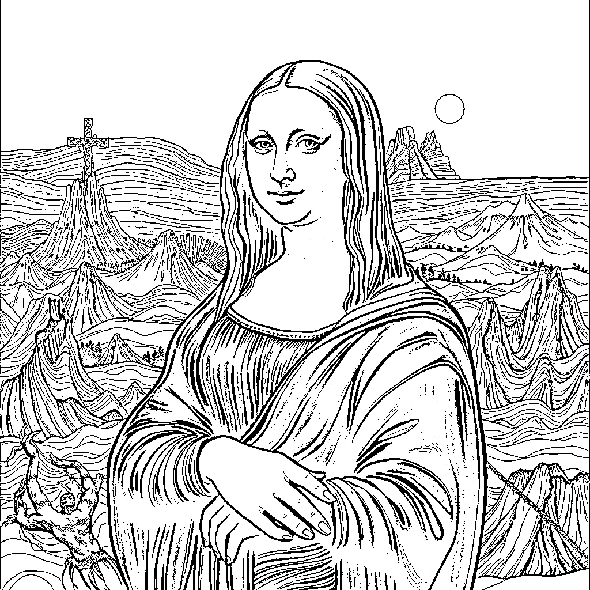 Mona Lisa in a Surreal Landscape Coloring Page (free black-and-white line drawing printable PDF for all, from beginners to advanced learners, including children, teens, adults, and seniors)