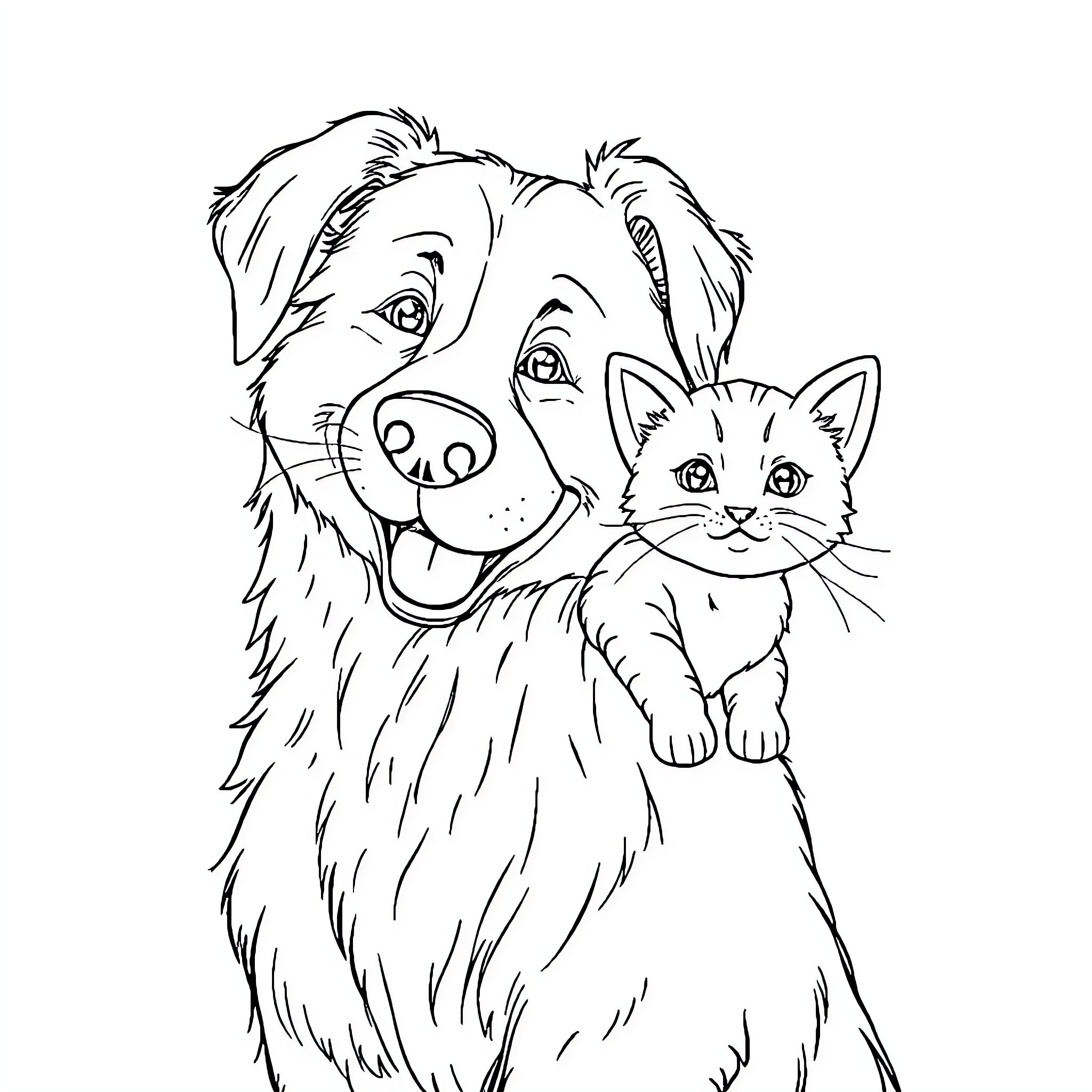 Dog and Kitten Enjoying Time Together Coloring Page (free black-and-white line drawing printable PDF for all, from beginners to advanced learners, including children, teens, adults, and seniors)