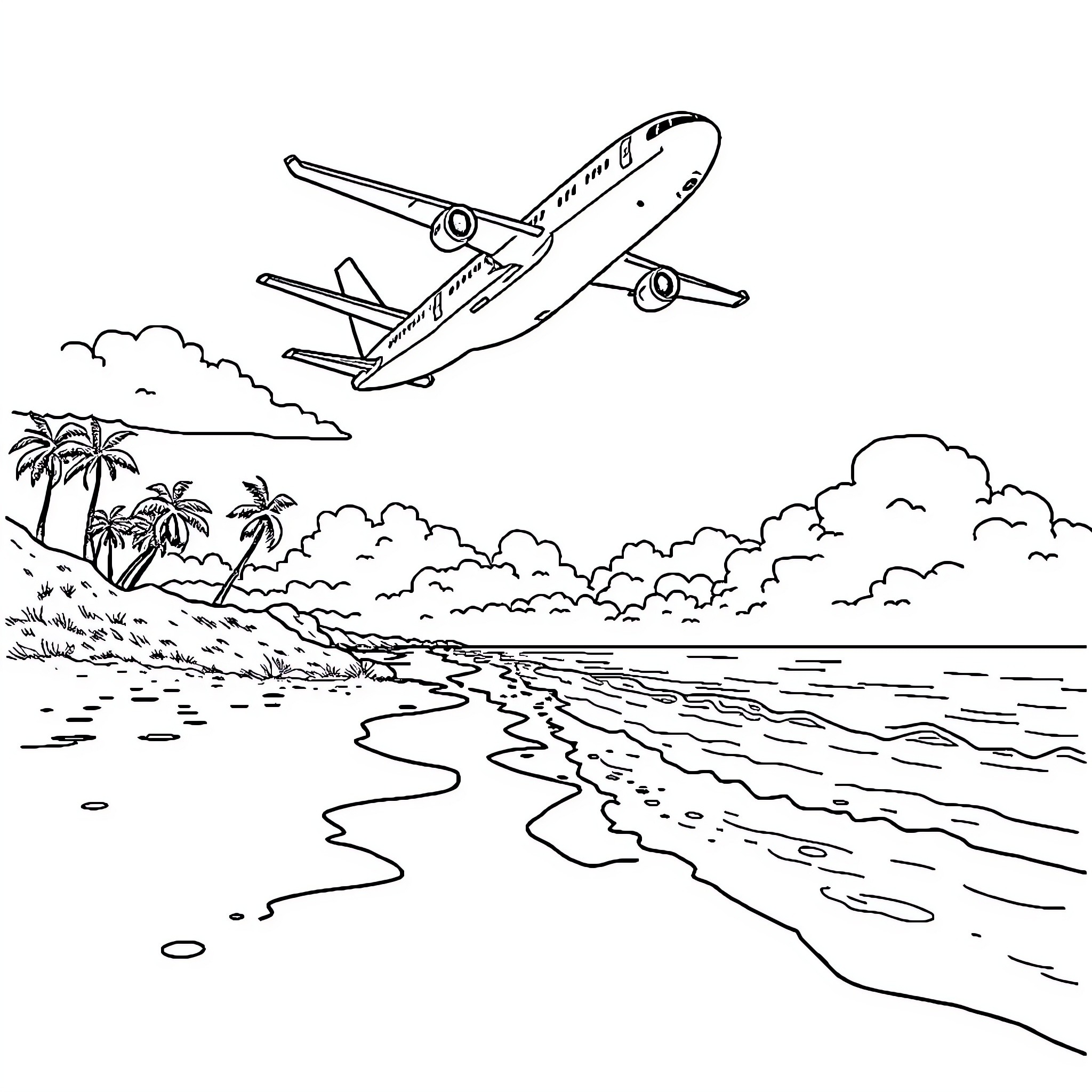 Airplane taking off from tropical beach Coloring Page (free black-and-white line drawing printable PDF for all, from beginners to advanced learners, including children, teens, adults, and seniors)