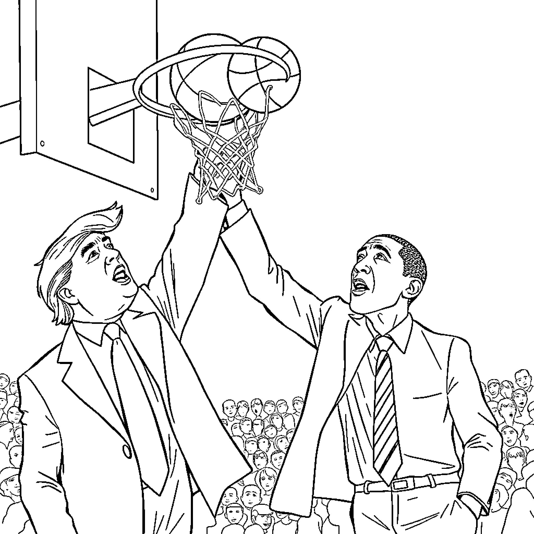 Trump and Obama playing basketball together Coloring Page (free black-and-white line drawing printable PDF for all, from beginners to advanced learners, including children, teens, adults, and seniors)