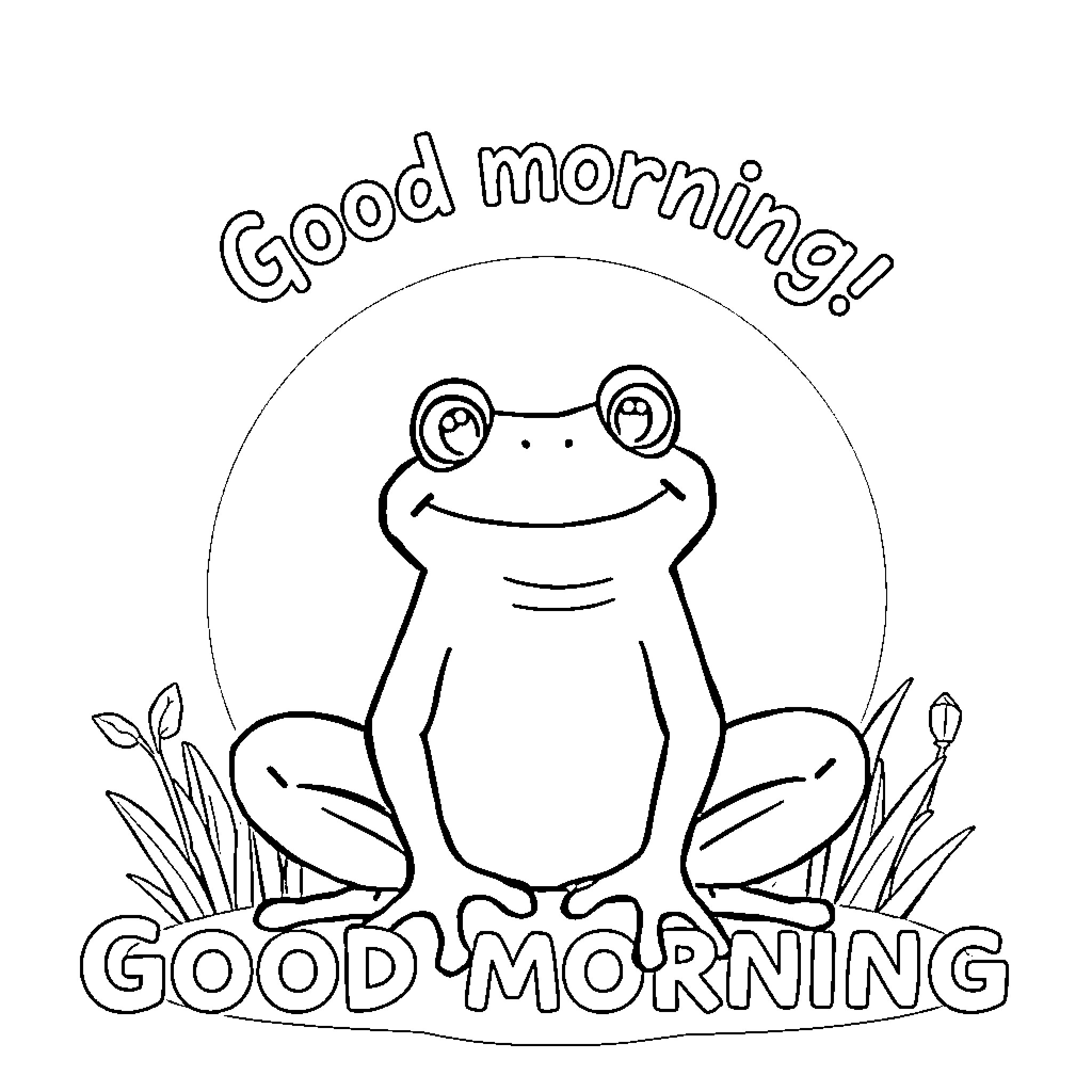 Frog cheerfully greeting a good morning Coloring Page (free black-and-white line drawing printable PDF for all, from beginners to advanced learners, including children, teens, adults, and seniors)