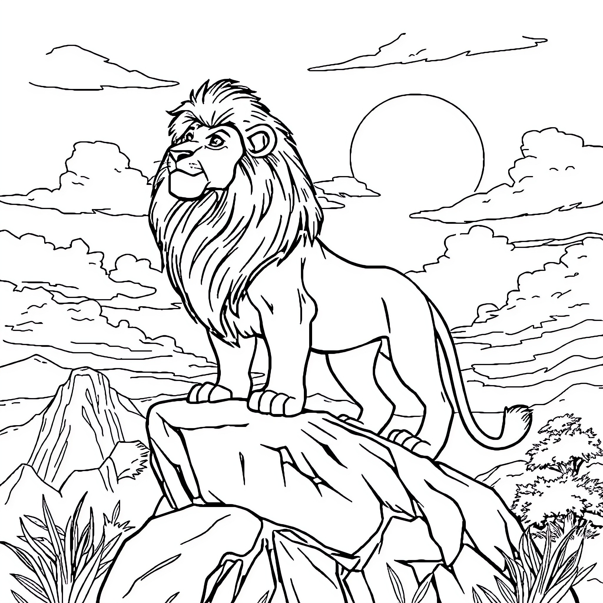 Lion Surveying the Serene Landscape Coloring Page (free black-and-white line drawing printable PDF for all, from beginners to advanced learners, including children, teens, adults, and seniors)