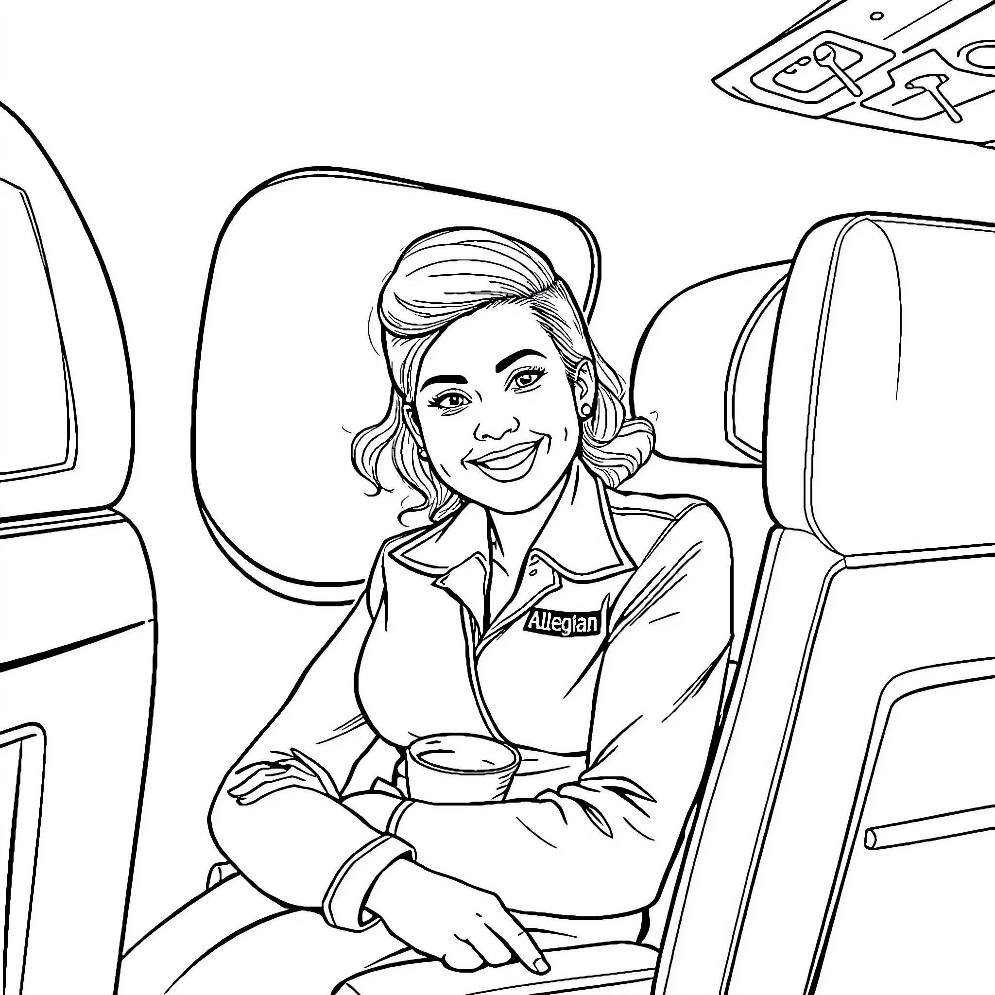 Flight Attendant Serving Passengers on Plane Coloring Page (free black-and-white line drawing printable PDF for all, from beginners to advanced learners, including children, teens, adults, and seniors)
