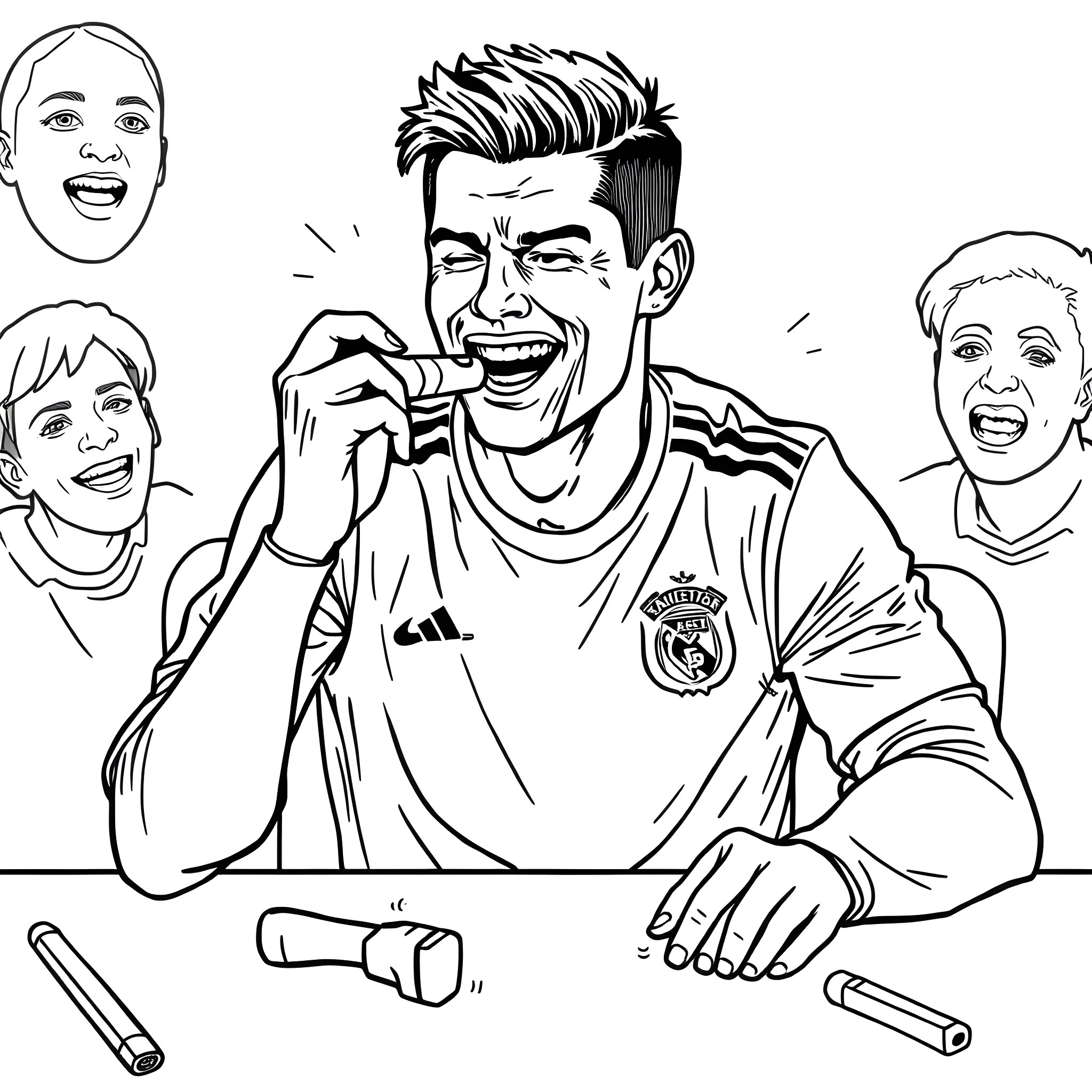 Cristiano Ronaldo celebrating victory with fans Coloring Page (free black-and-white line drawing printable PDF for all, from beginners to advanced learners, including children, teens, adults, and seniors)