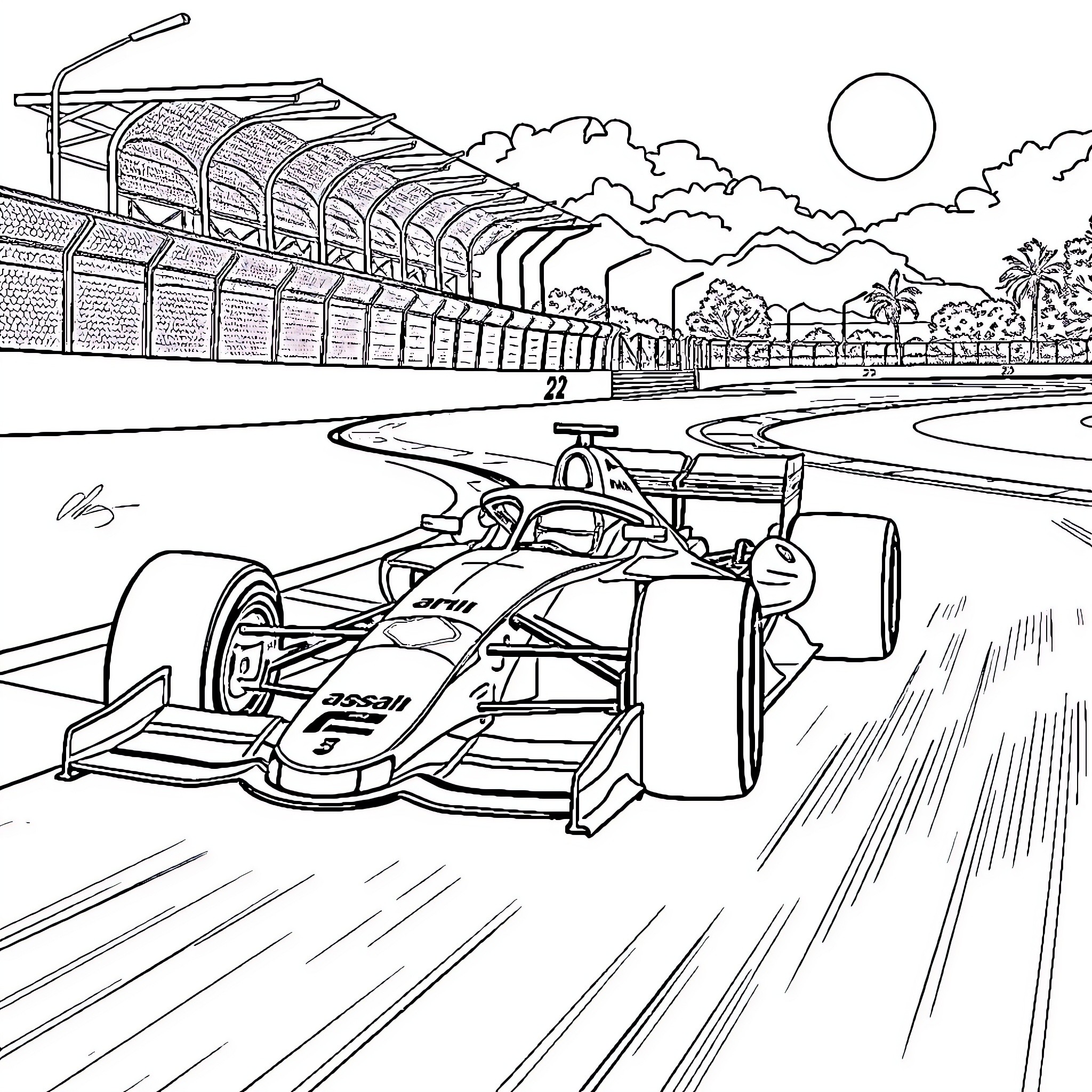 Formula 1 Car racing on a circuit track Coloring Page (free black-and-white line drawing printable PDF for all, from beginners to advanced learners, including children, teens, adults, and seniors)