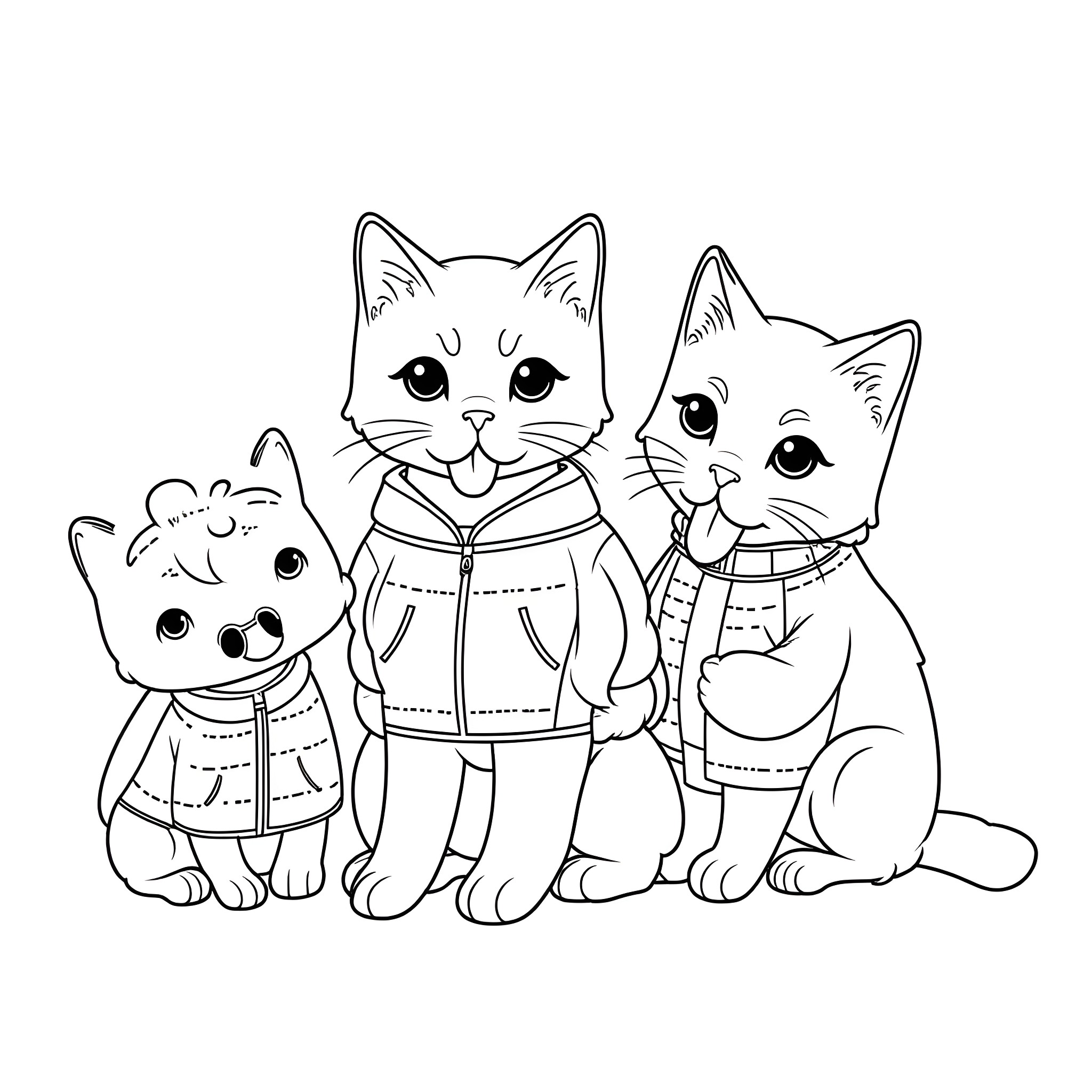 Cats wearing warm winter outfits Coloring Page (free black-and-white line drawing printable PDF for all, from beginners to advanced learners, including children, teens, adults, and seniors)