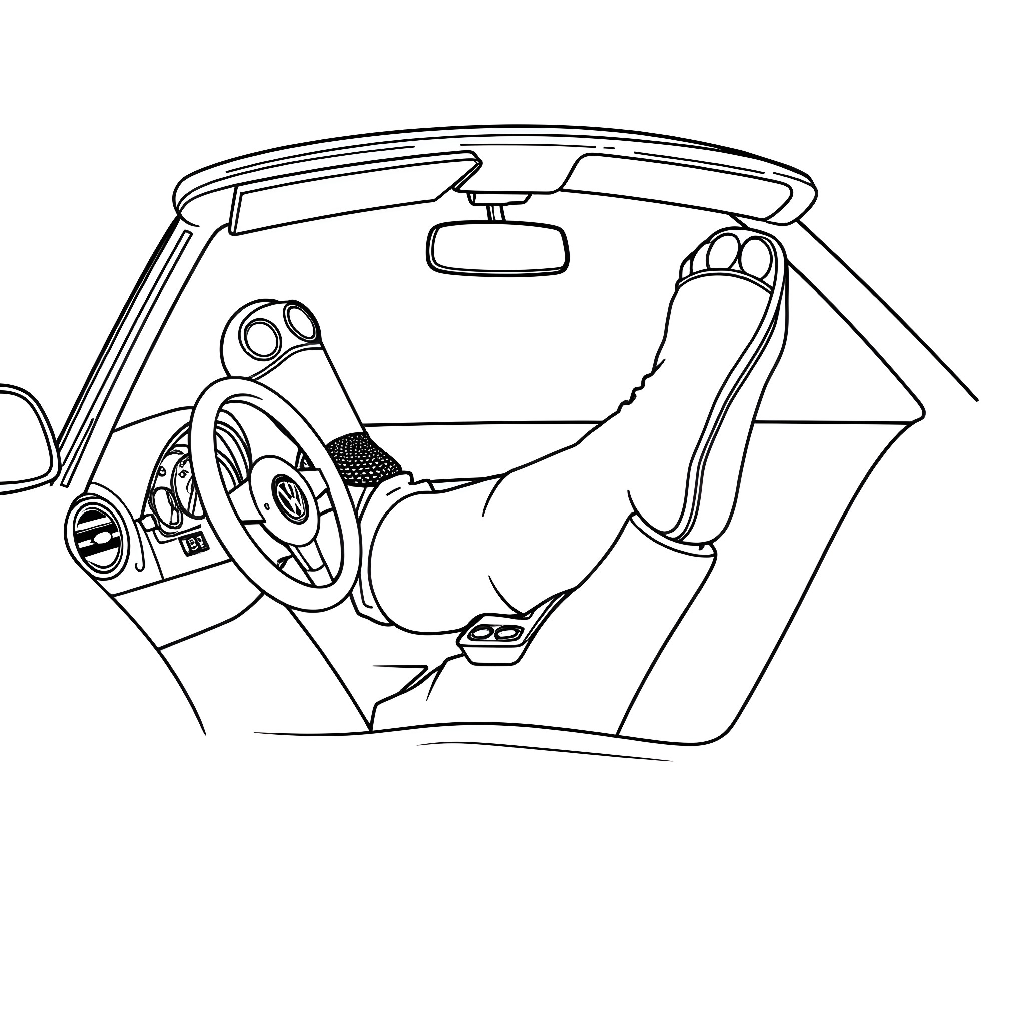 Big Foot driving a sports car Coloring Page (free black-and-white line drawing printable PDF for all, from beginners to advanced learners, including children, teens, adults, and seniors)