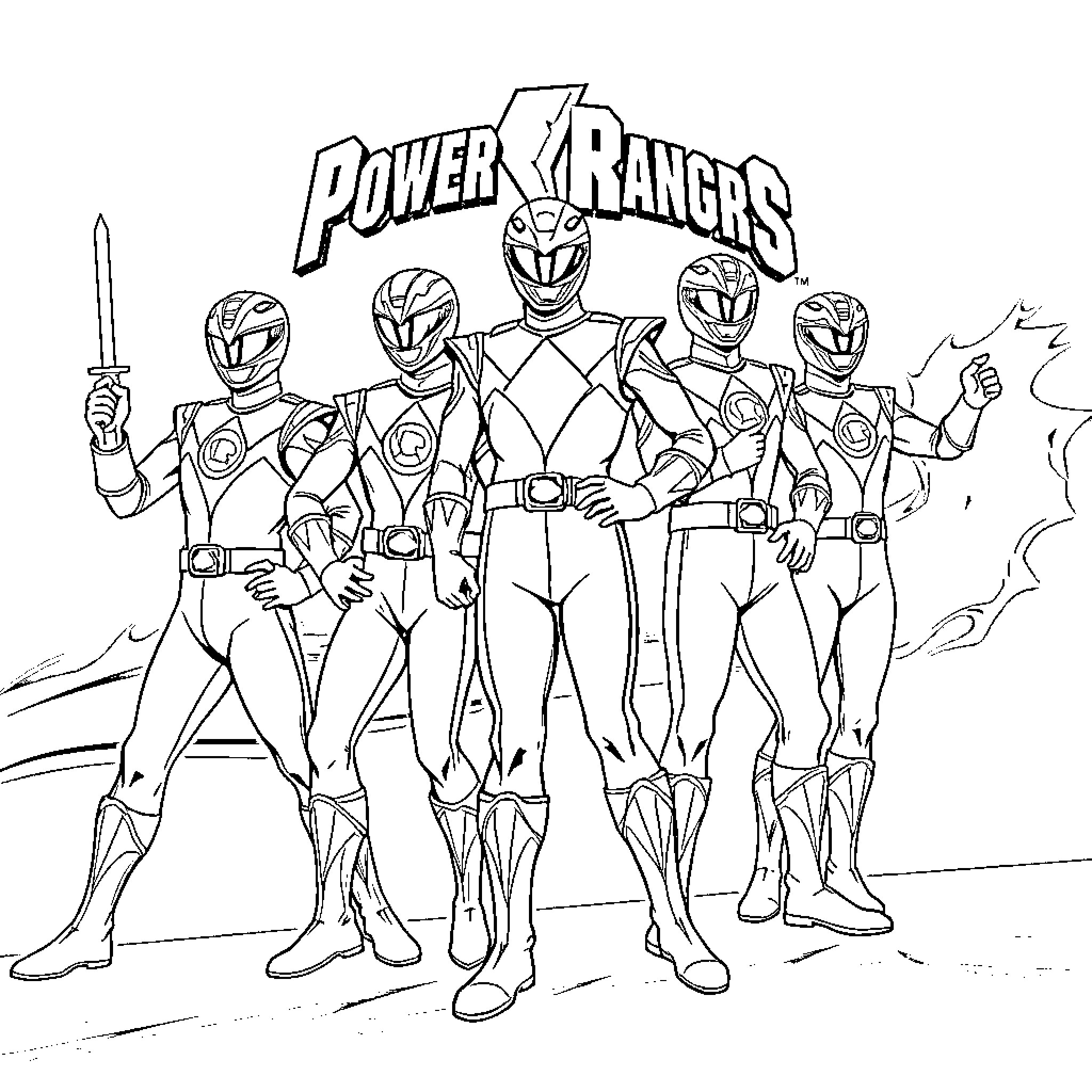 Power Rangers in heroic action poses Coloring Page (free black-and-white line drawing printable PDF for all, from beginners to advanced learners, including children, teens, adults, and seniors)