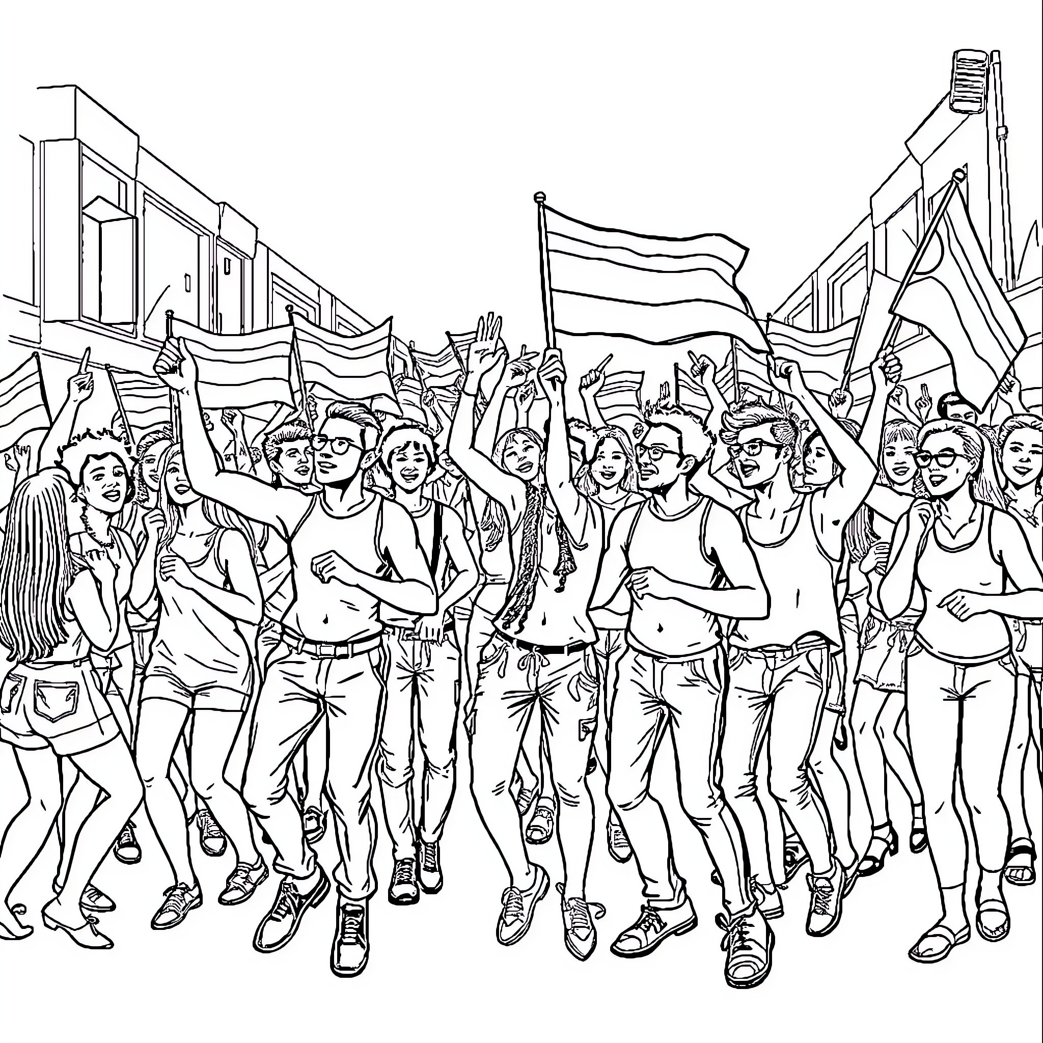 Pride Celebration with Joyful Crowd and Colorful Flags Coloring Page (free black-and-white line drawing printable PDF for all, from beginners to advanced learners, including children, teens, adults, and seniors)