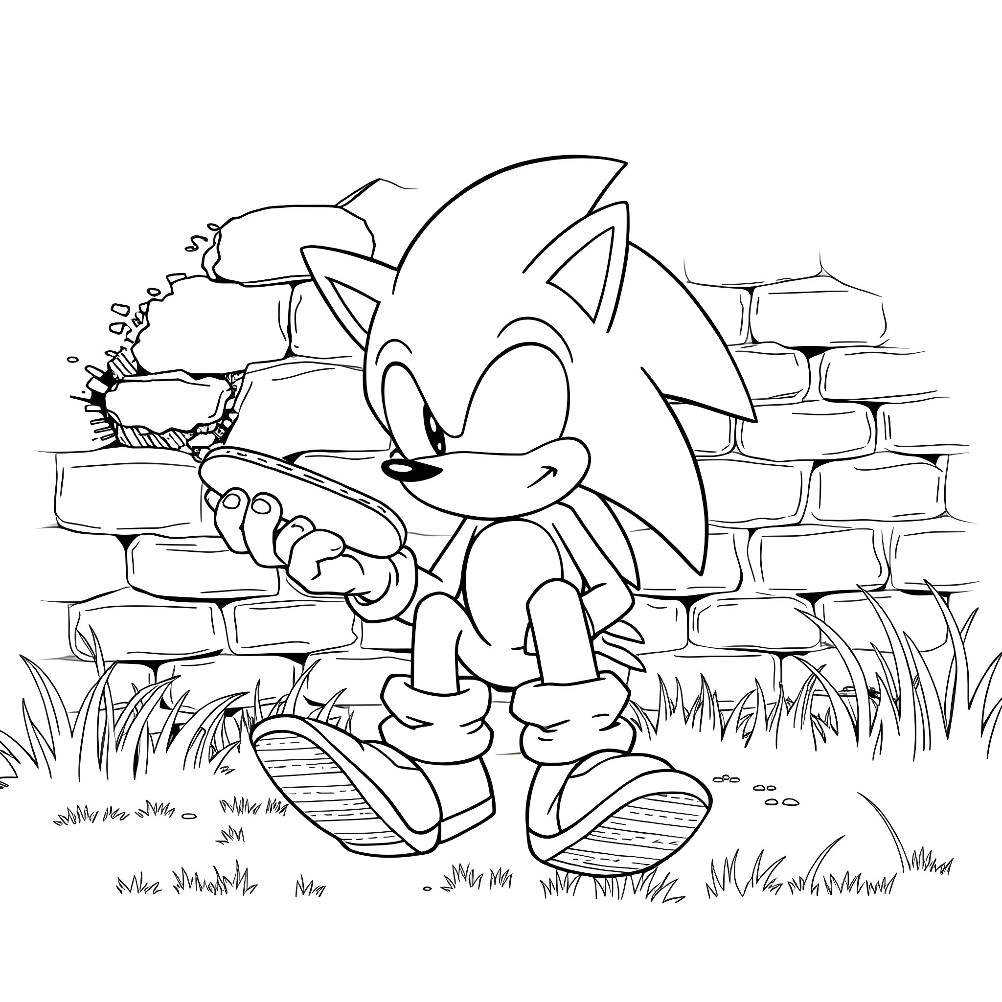 Sonic the Hedgehog exploring a brick wall environment Coloring Page (free black-and-white line drawing printable PDF for all, from beginners to advanced learners, including children, teens, adults, and seniors)