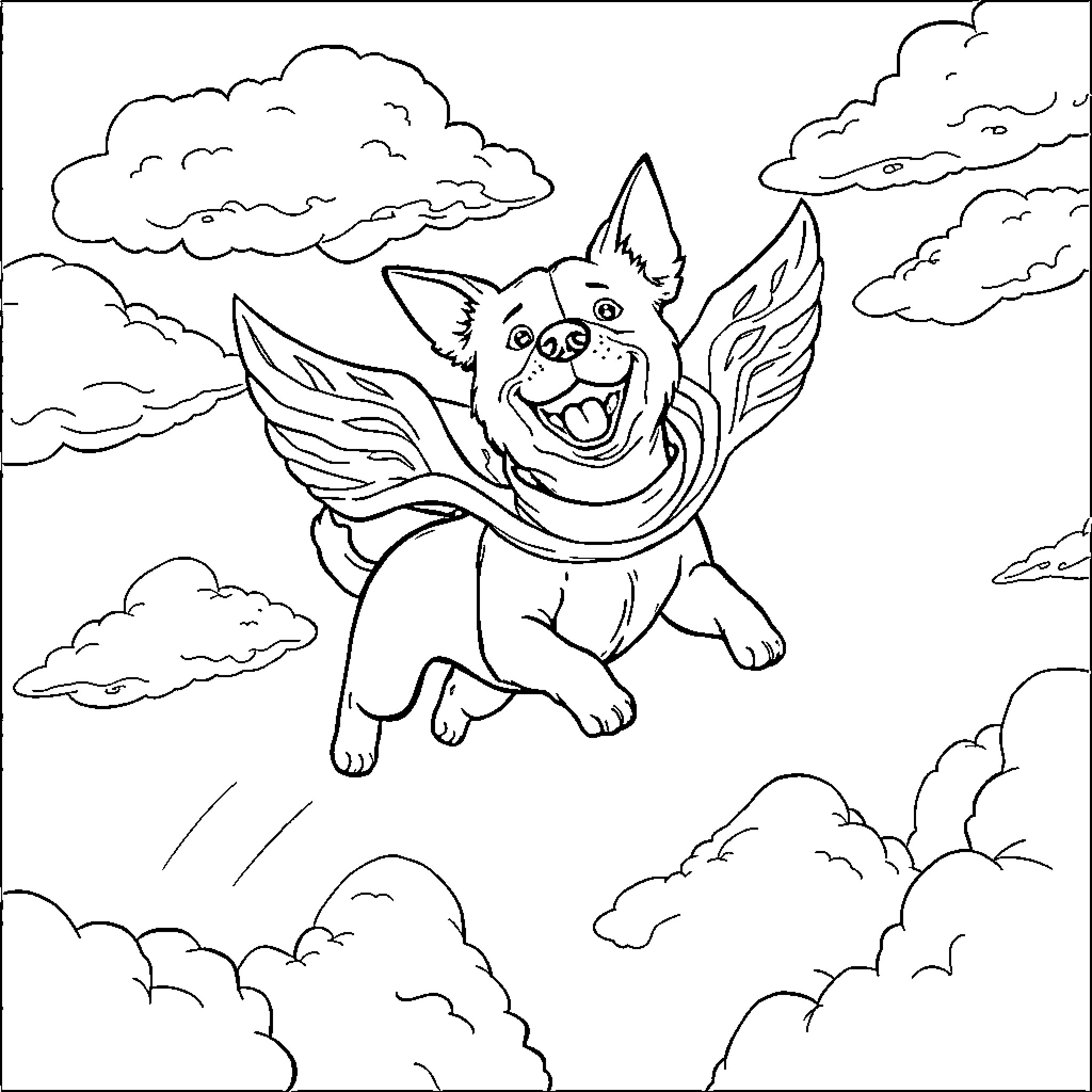 Flying Dog Enjoying the Clouds Coloring Page (free black-and-white line drawing printable PDF for all, from beginners to advanced learners, including children, teens, adults, and seniors)