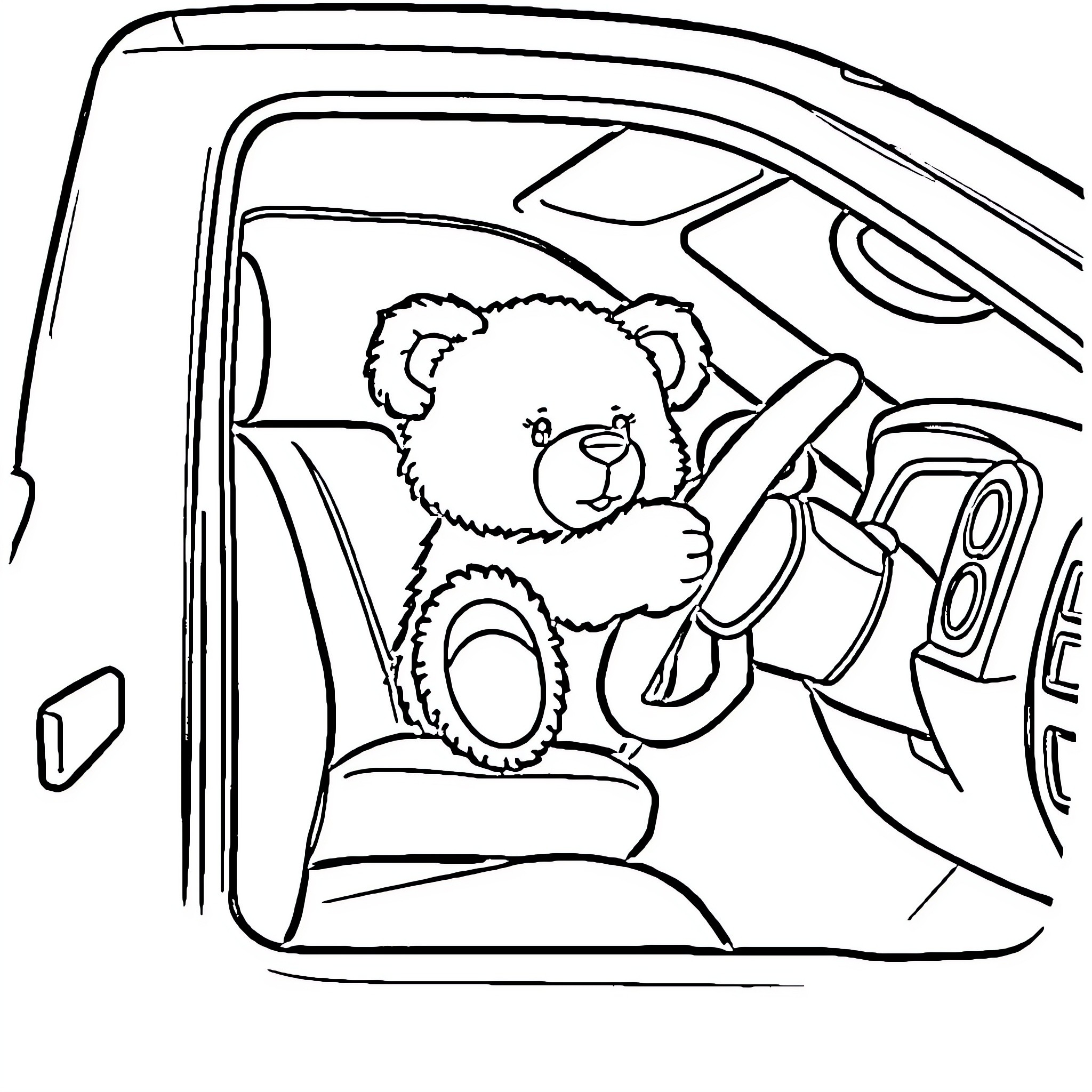 Teddy Bear riding in a car Coloring Page (free black-and-white line drawing printable PDF for all, from beginners to advanced learners, including children, teens, adults, and seniors)