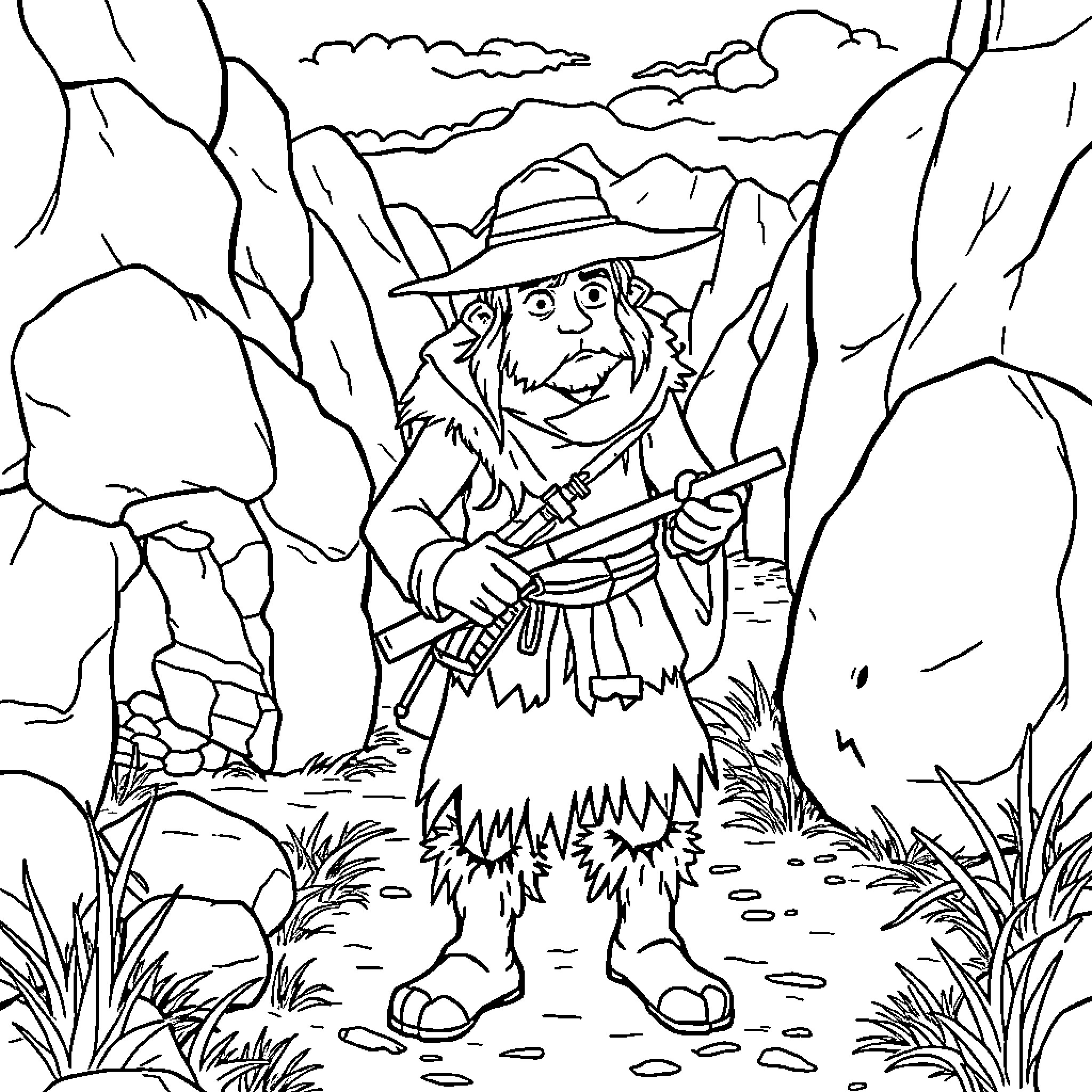 Detective explorer in wilderness adventure Coloring Page (free black-and-white line drawing printable PDF for all, from beginners to advanced learners, including children, teens, adults, and seniors)
