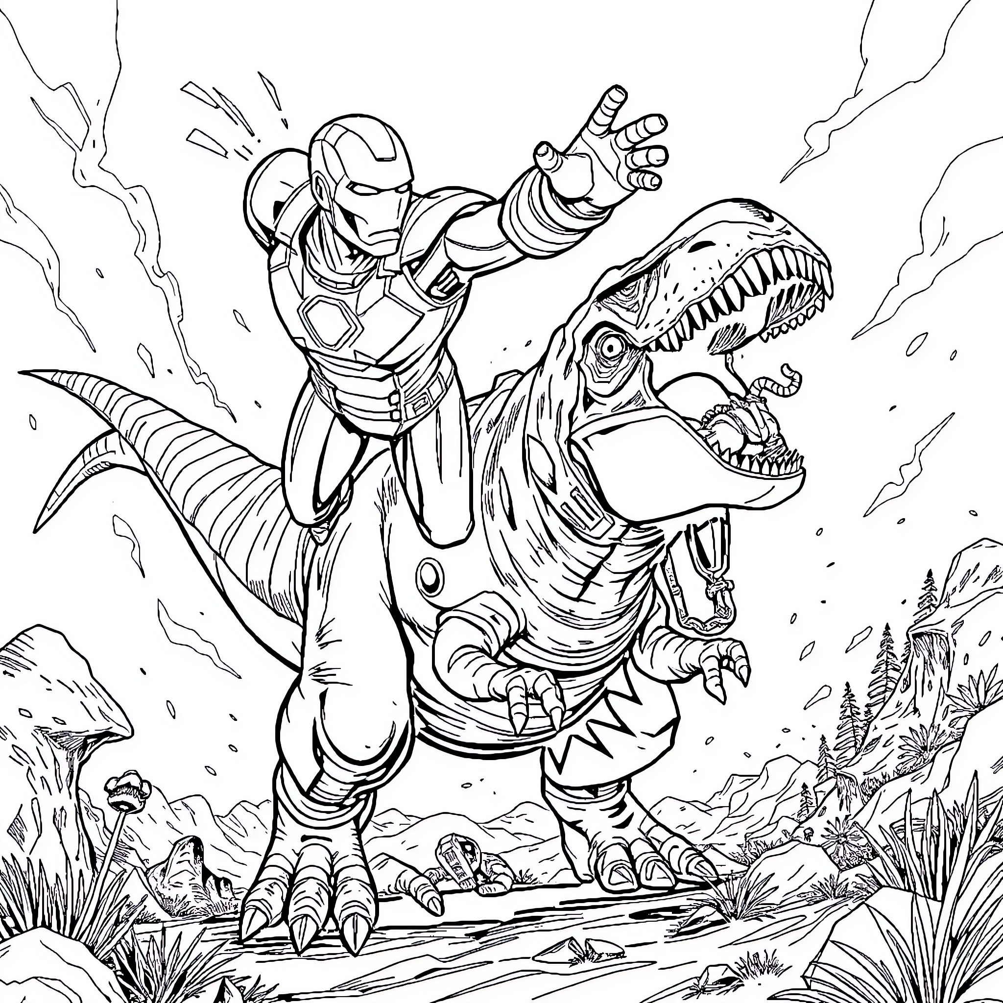 Iron Man fighting a fearsome dinosaur in a rugged landscape Coloring Page (free black-and-white line drawing printable PDF for all, from beginners to advanced learners, including children, teens, adults, and seniors)