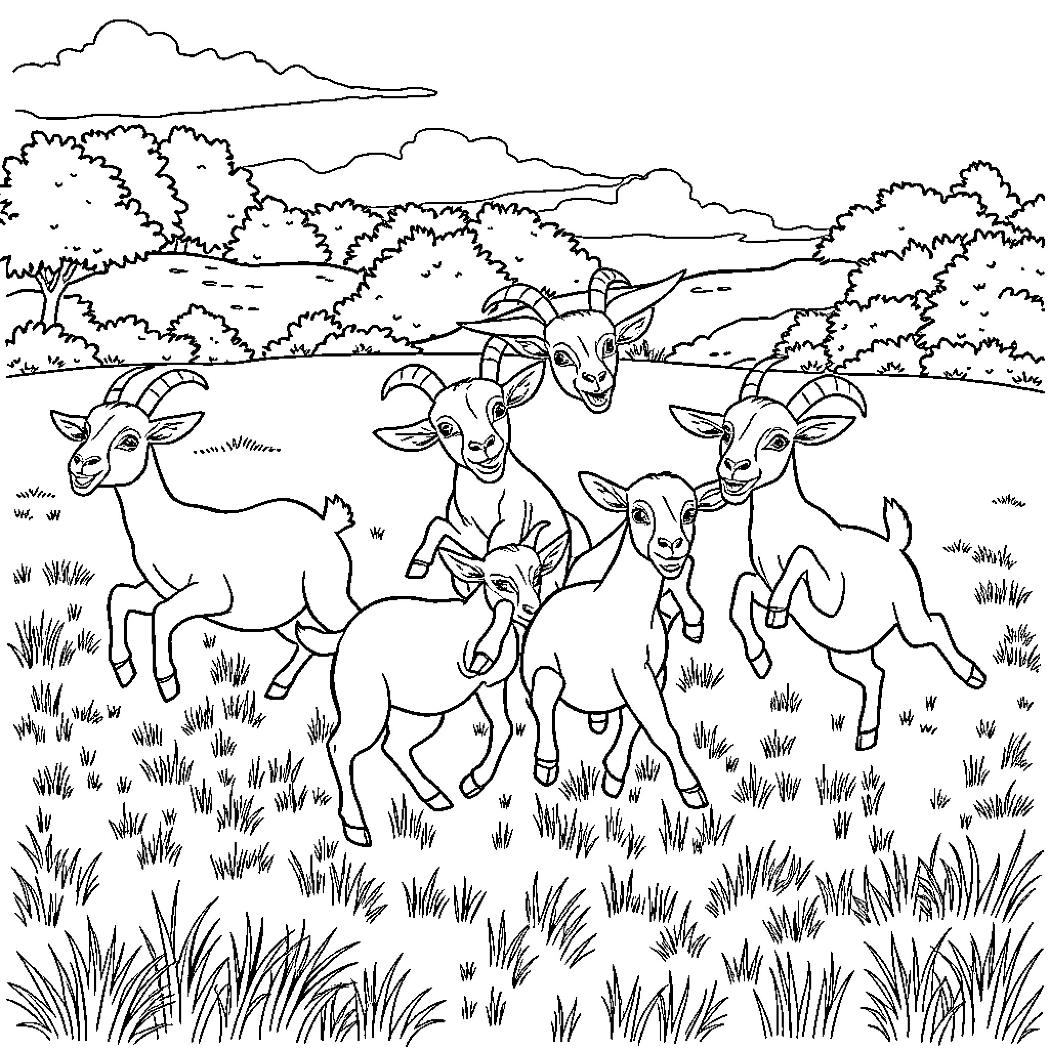 Goat herd frolicking in a pastoral landscape Coloring Page (free black-and-white line drawing printable PDF for all, from beginners to advanced learners, including children, teens, adults, and seniors)