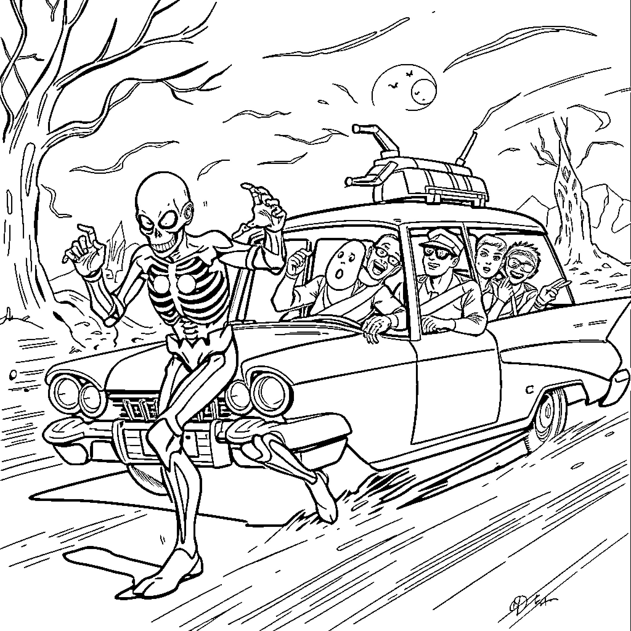 Flash Skeleton's Spooky Roadside Adventure Coloring Page (free black-and-white line drawing printable PDF for all, from beginners to advanced learners, including children, teens, adults, and seniors)