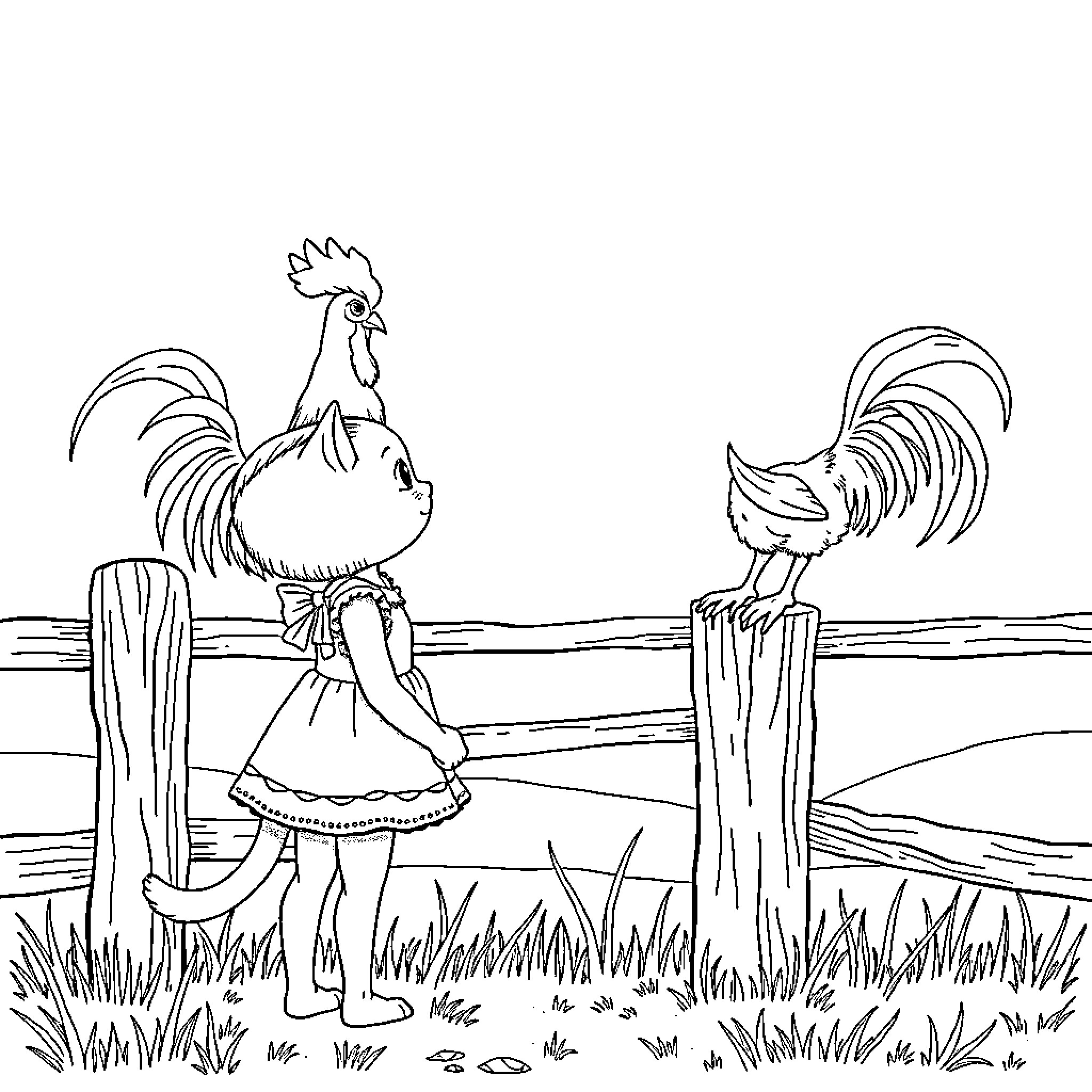 Cat chickens chatting on a farm Coloring Page (free black-and-white line drawing printable PDF for all, from beginners to advanced learners, including children, teens, adults, and seniors)