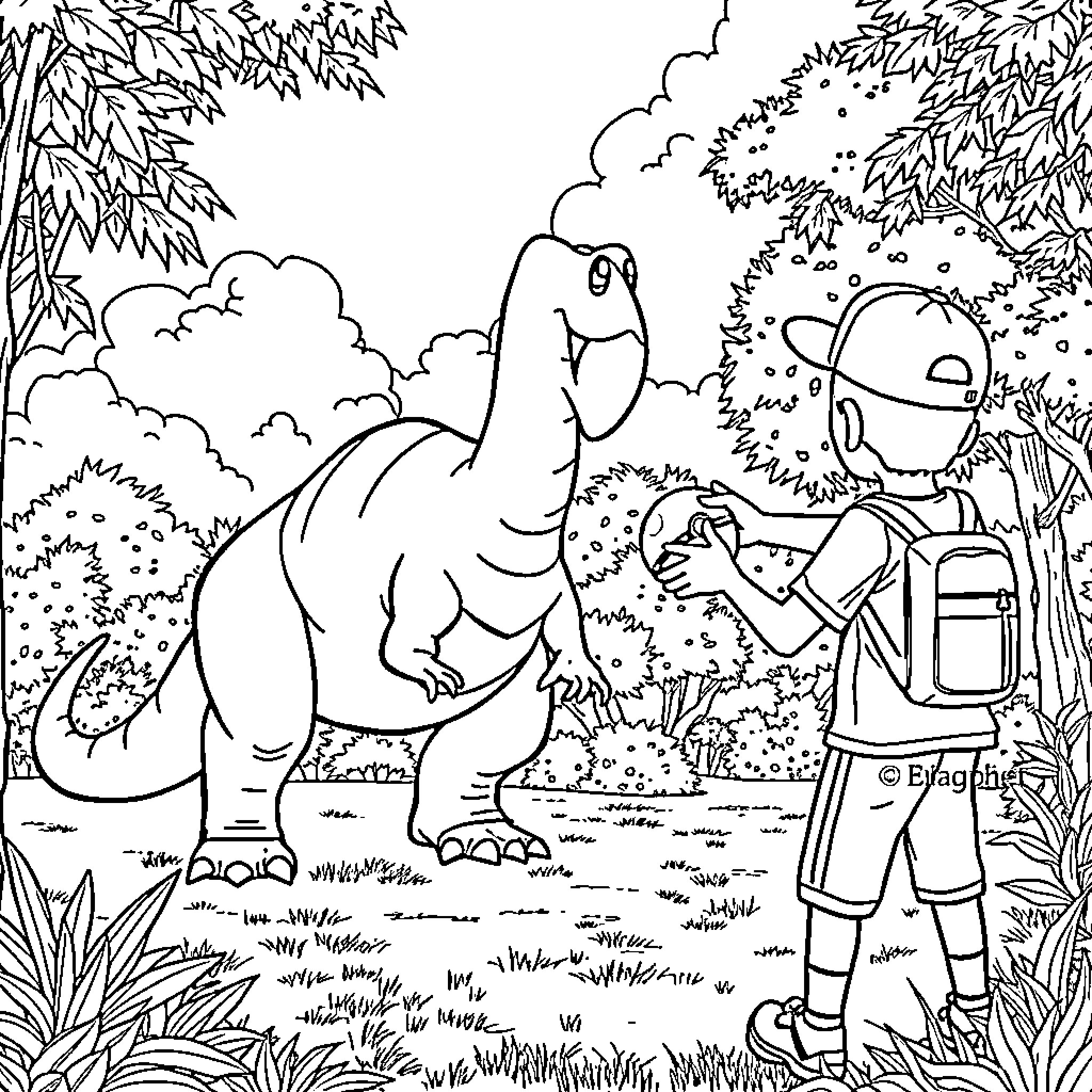 Pokeball adventure in the forest Coloring Page (free black-and-white line drawing printable PDF for all, from beginners to advanced learners, including children, teens, adults, and seniors)
